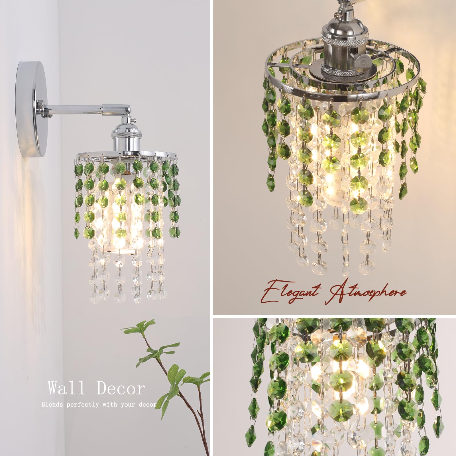 Shenmoyl Crystal Wall Sconce Set of 2, Rechargeable Dimmable Wireless Lamp, 5400mAh Battery, Green-Silver Base, Modern Design