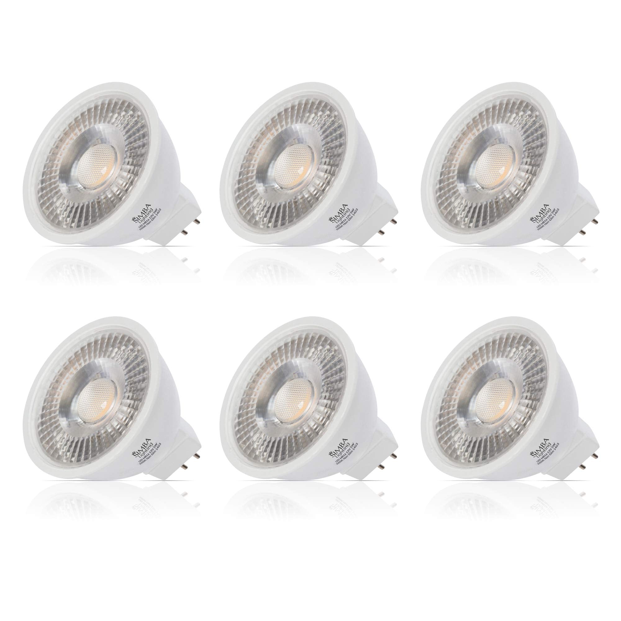 Simba Lighting LED MR16 5W Bulbs, 12V, GU5.3 Base, 5000K Daylight, 6 Pack