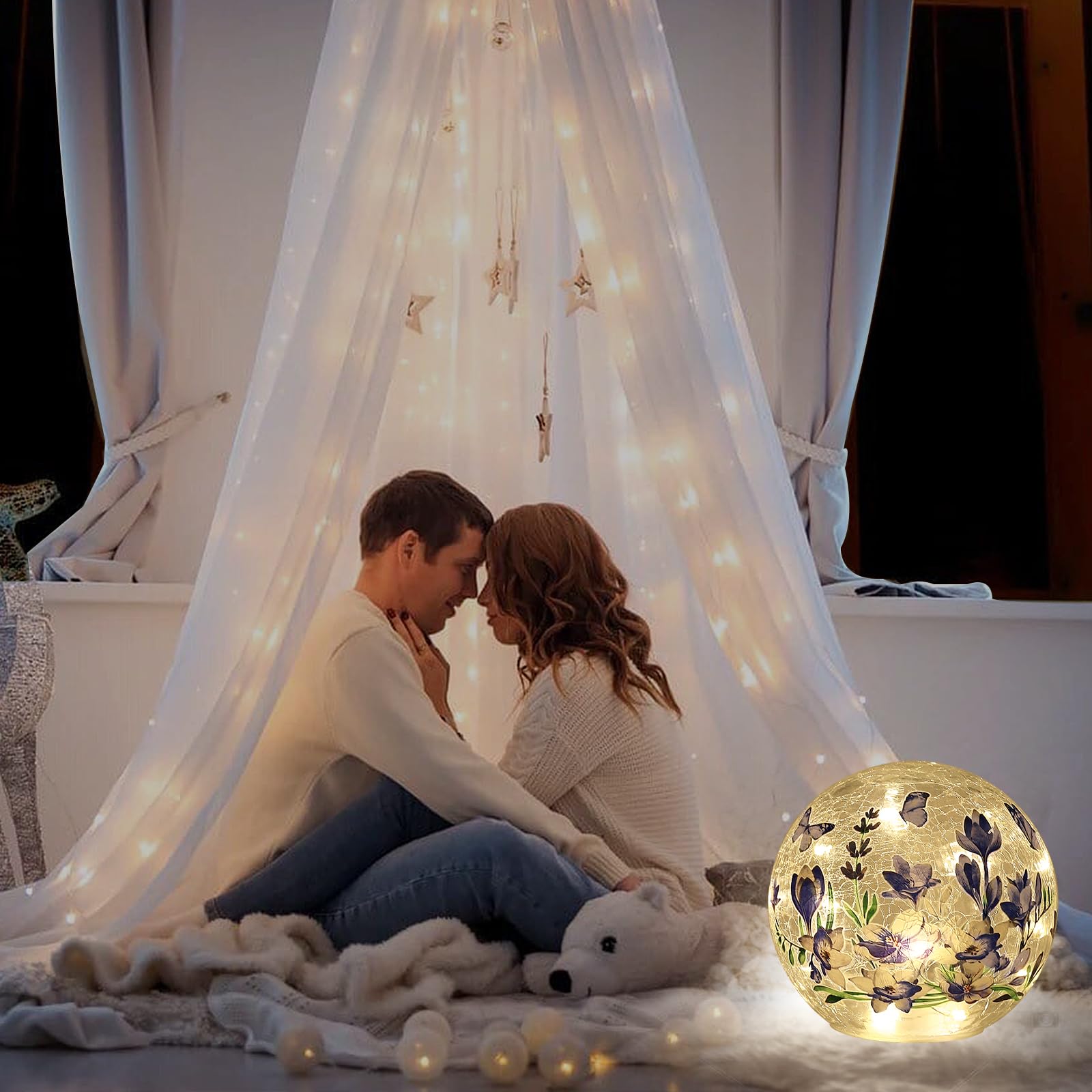 Idealxmas Glass Sphere Light With Timer - Glass Crystal Lamp, Battery Operated Table Lamp With Blue Flower