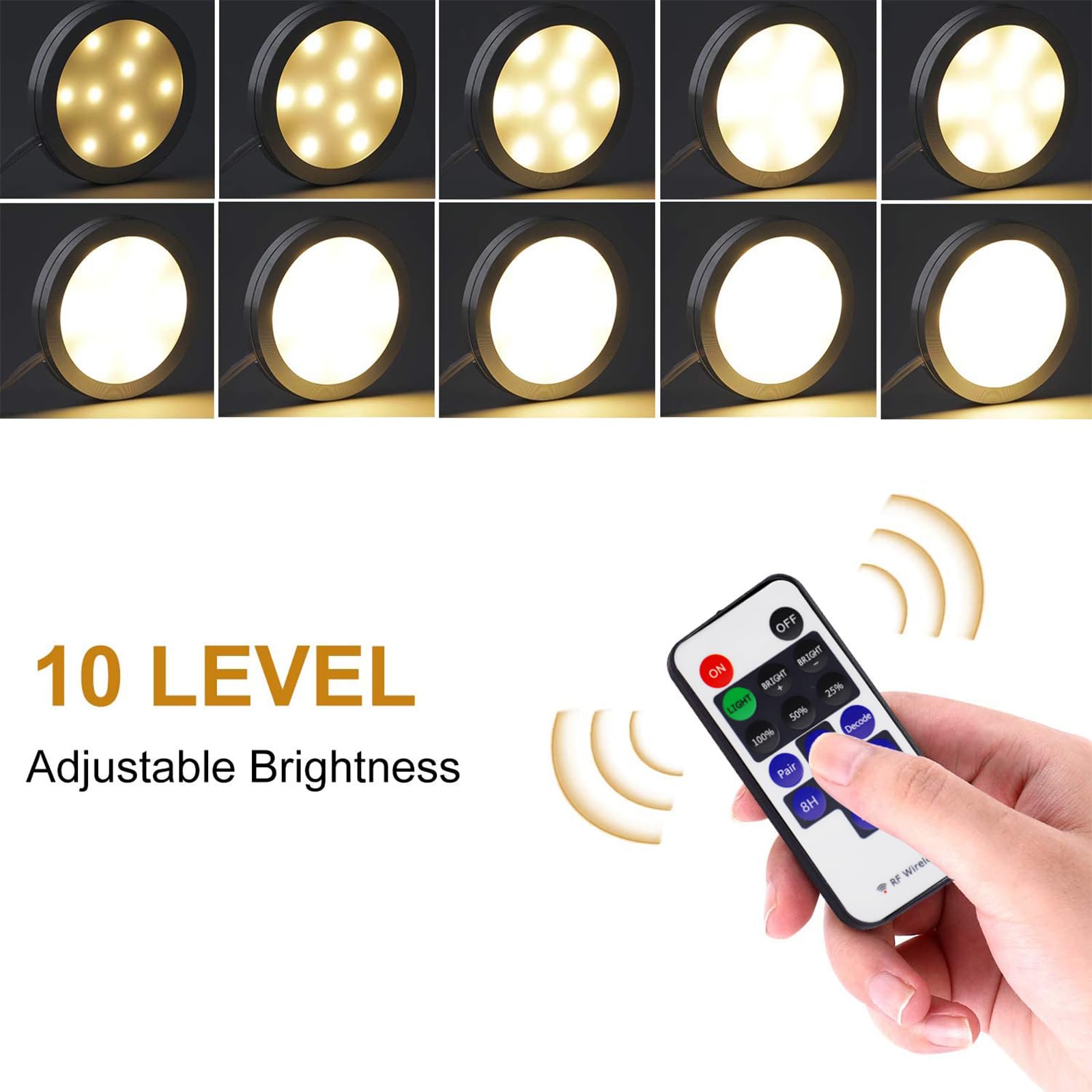 AIBOO Dimmable LED Under Cabinet Puck Lights Kit with RF Remote Control, 3 Lamps, Warm White 2700K, Model YK-300000197
