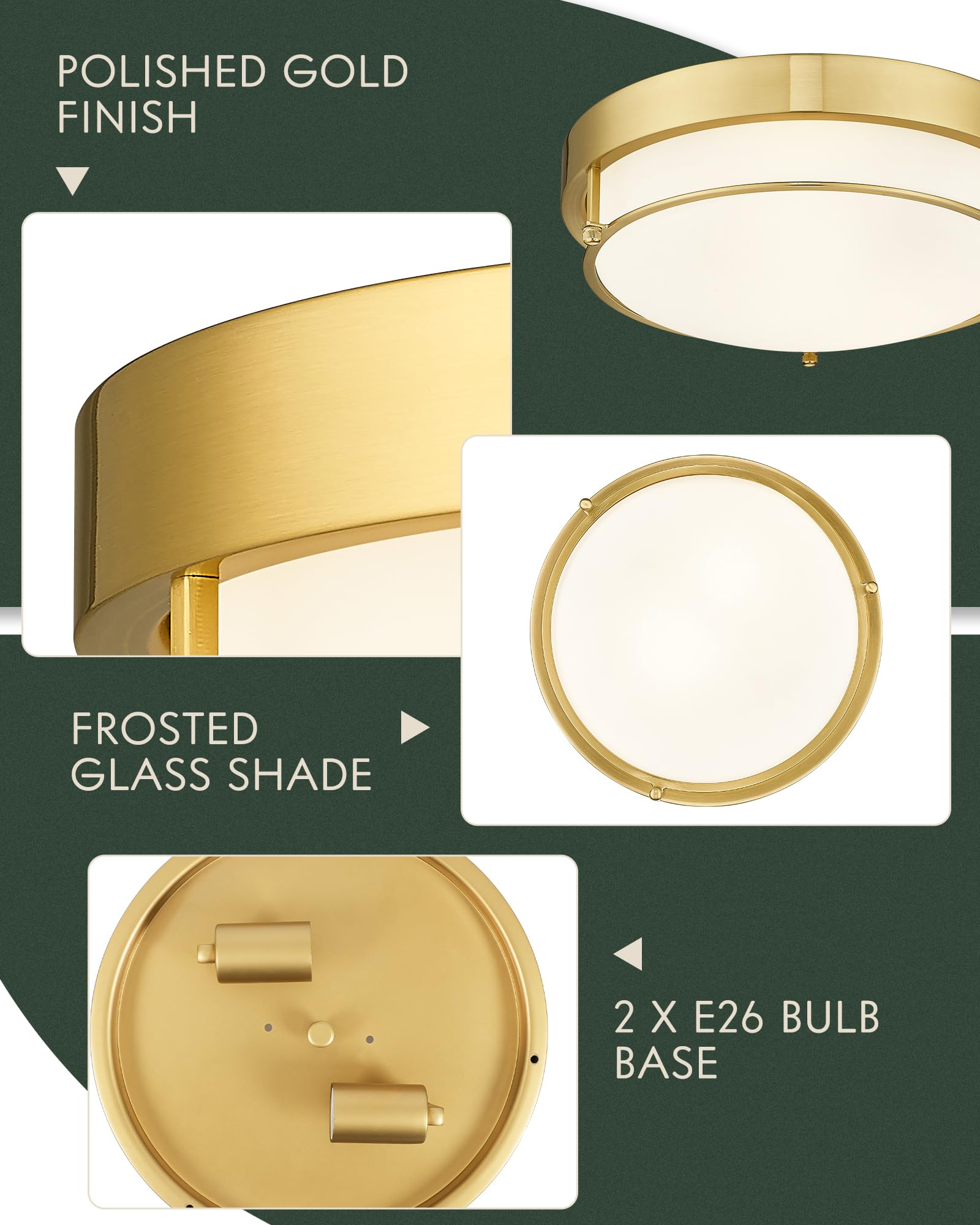 Cargifak 12 Inch Flush Mount Light Fixture, 2-Light Polished Gold Ceiling Light for Hallway, Kitchen, Bedroom - Model CKCL4822-2W-PG
