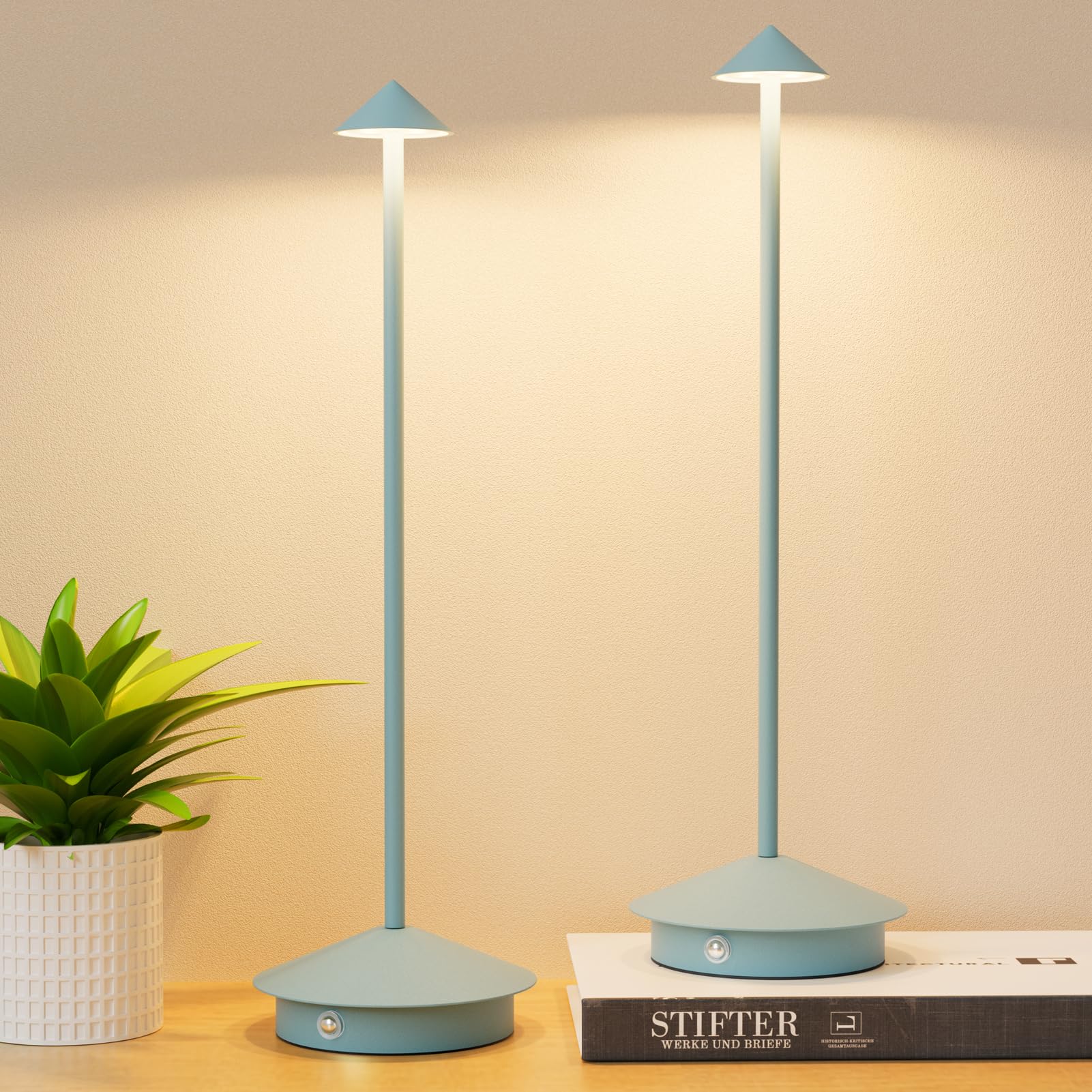 Aoceley 2-Pack 6000mAh Rechargeable Led Table Lamp Cordless 3000K-6000K Stepless Dimming Touch Lamps with Memory Function IP54 Waterproof Aluminum Table Light for Outdoor/Bars/Restaurant/Patio(Blue)