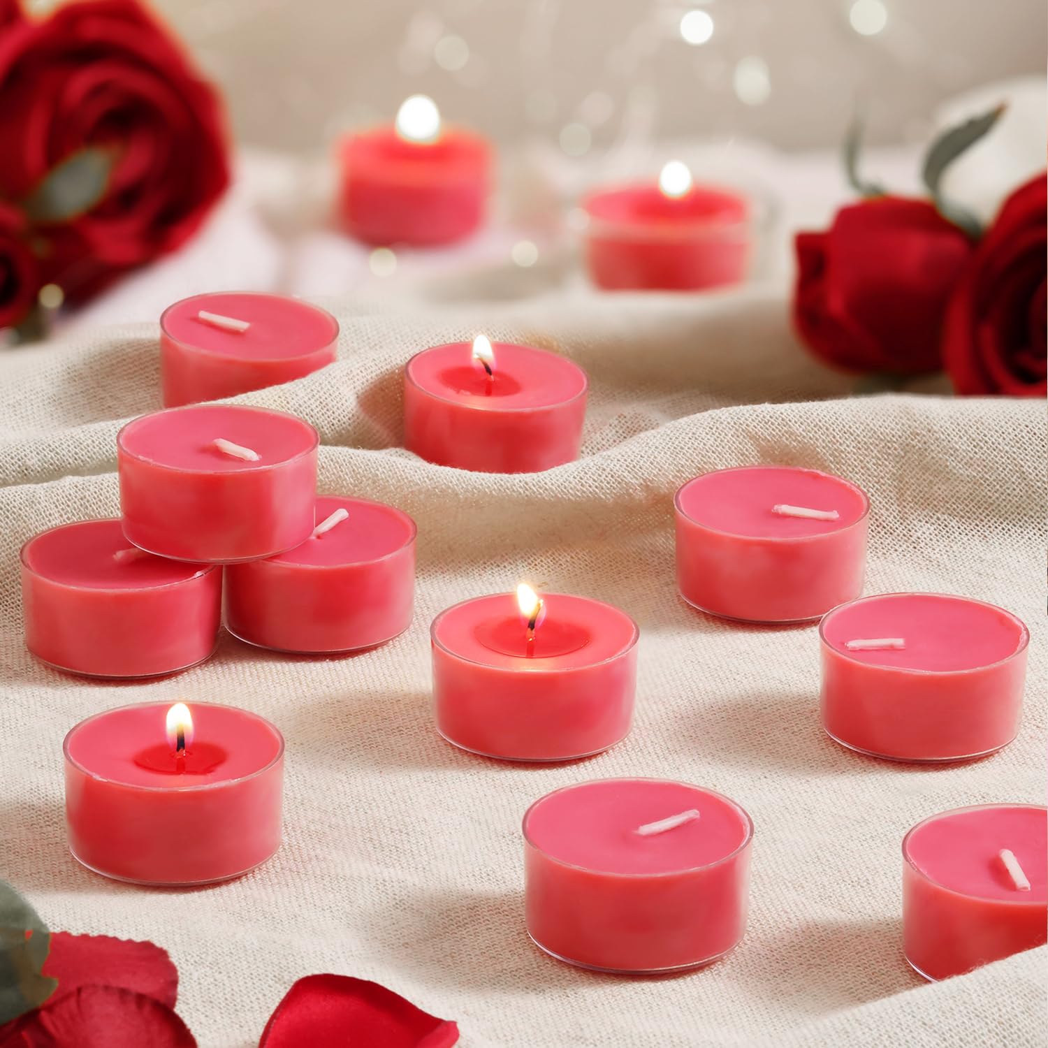 Scented Tea Lights Candles  Wisper of Rose  48 Pack - Red Scented Tealight Candles- 100% Palm Wax - 6 Hour Burn Time Aromatherapy Tea Light Votive Candle for Dinner  Bedroom  Spa