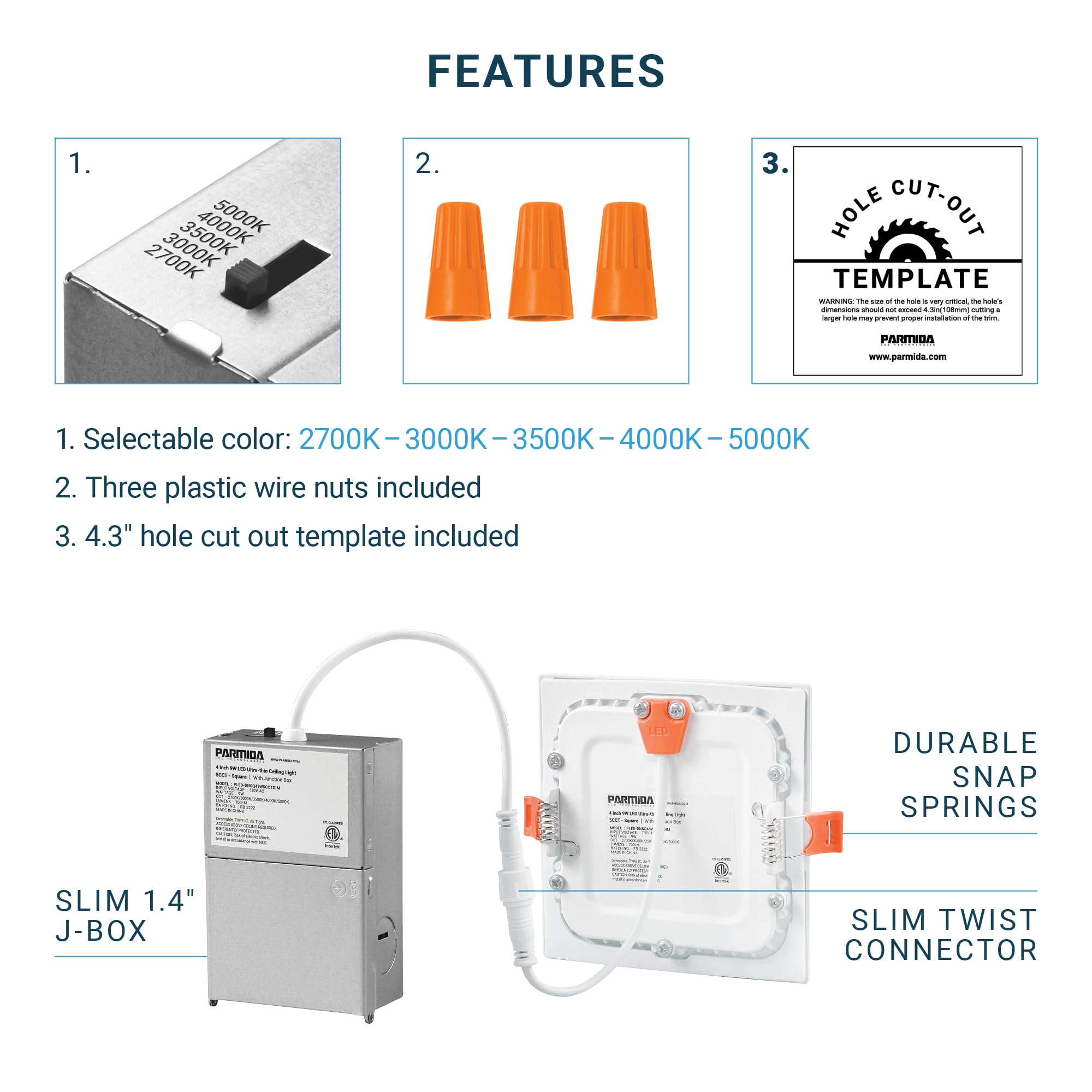 Parmida (12 Pack) 4 Inch Square 5Cct Ultra Thin Led Recessed Lighting With Junction Box, 2700K/3000K/3500K/4000K/5000K 5 Color S