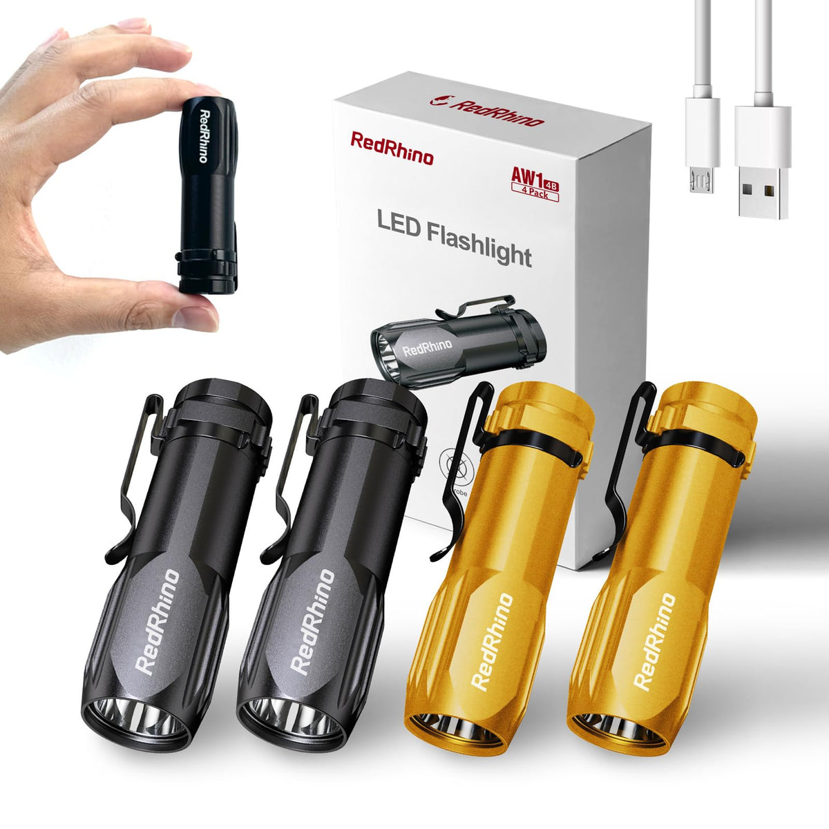 Redrhino Small Led Flashlight 4 Pack, Rechargeable Edc Compact Pocket Lights, 400 Lumens Mini Flash Light With Clip, Bright Little Flashlights For Home, Emergency, Camping, Outdoor 2B2G