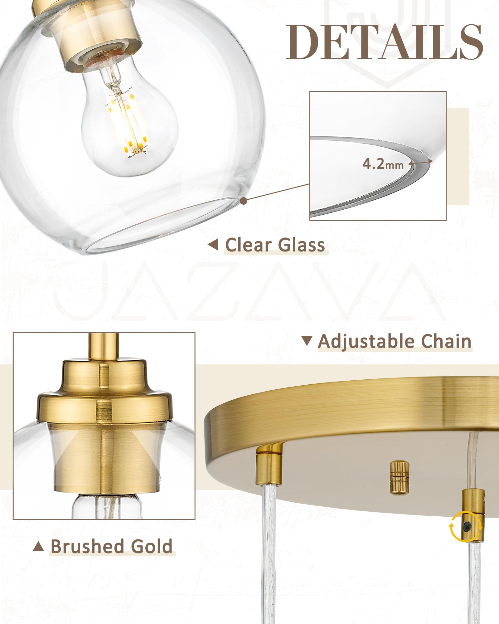 JAZAVA 3-Light Gold Cluster Pendant Light Fixture, 6.7" Clear Glass, Model ZCPL101BG-3C for Kitchen Island, Dining Room, Foyer