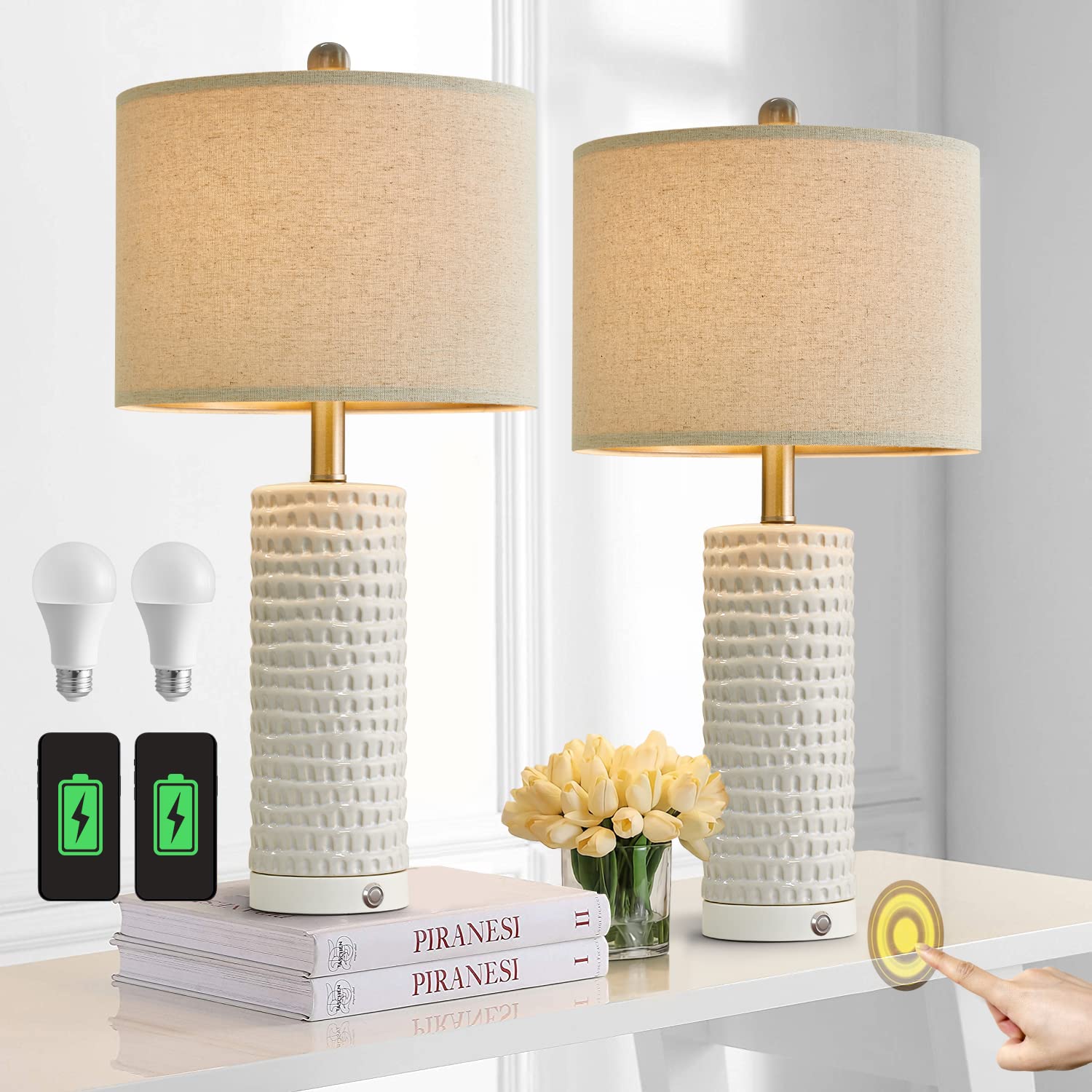 Portres 24’’ Farmhouse 3-Way Dimmable Touch Ceramic Table Lamp Set Of 2 For Bedroom White Bedside Lamps With 2 Usb Charging Ports For Living Room Nightstand Lamp End Table Lamps(2 Bulbs Included)