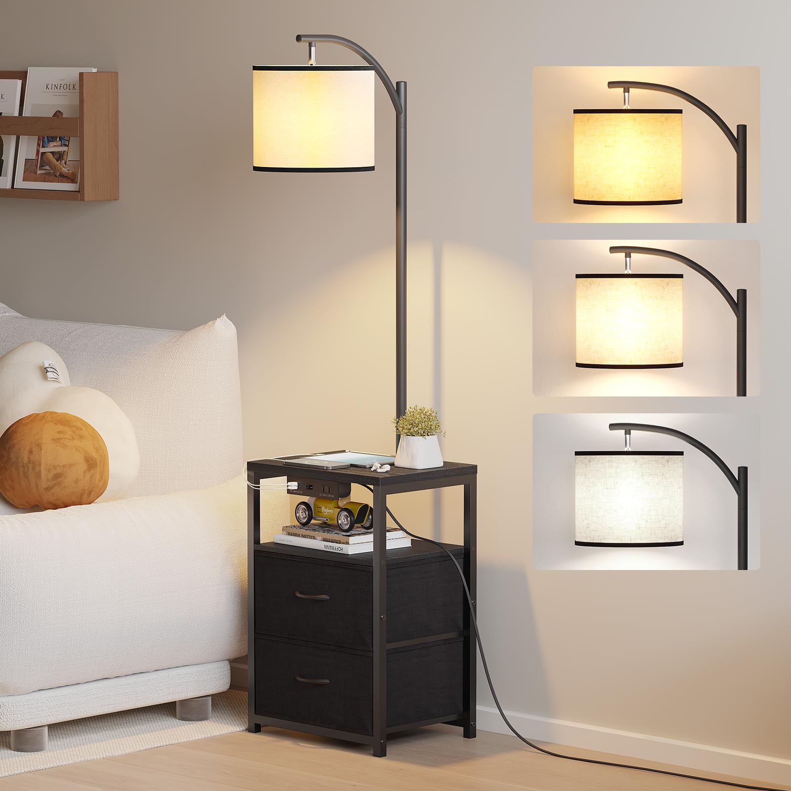 Sunmory Floor Lamp With Usb Port & Outlet, 3 Color Temp Led Bulb, Black, Wood, Model Sr000008, Ideal For Living Room & Bedroom