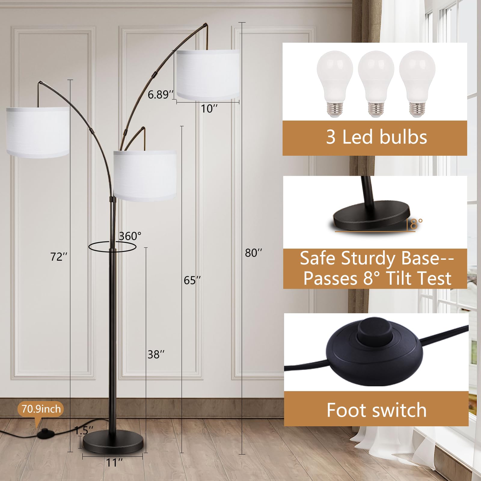 Arc Floor Lamp For Living Room With Remote Control, Dimmable Modern Mid Century 3 Lights Arched Tall Floor Lamp, Adjustable Stan