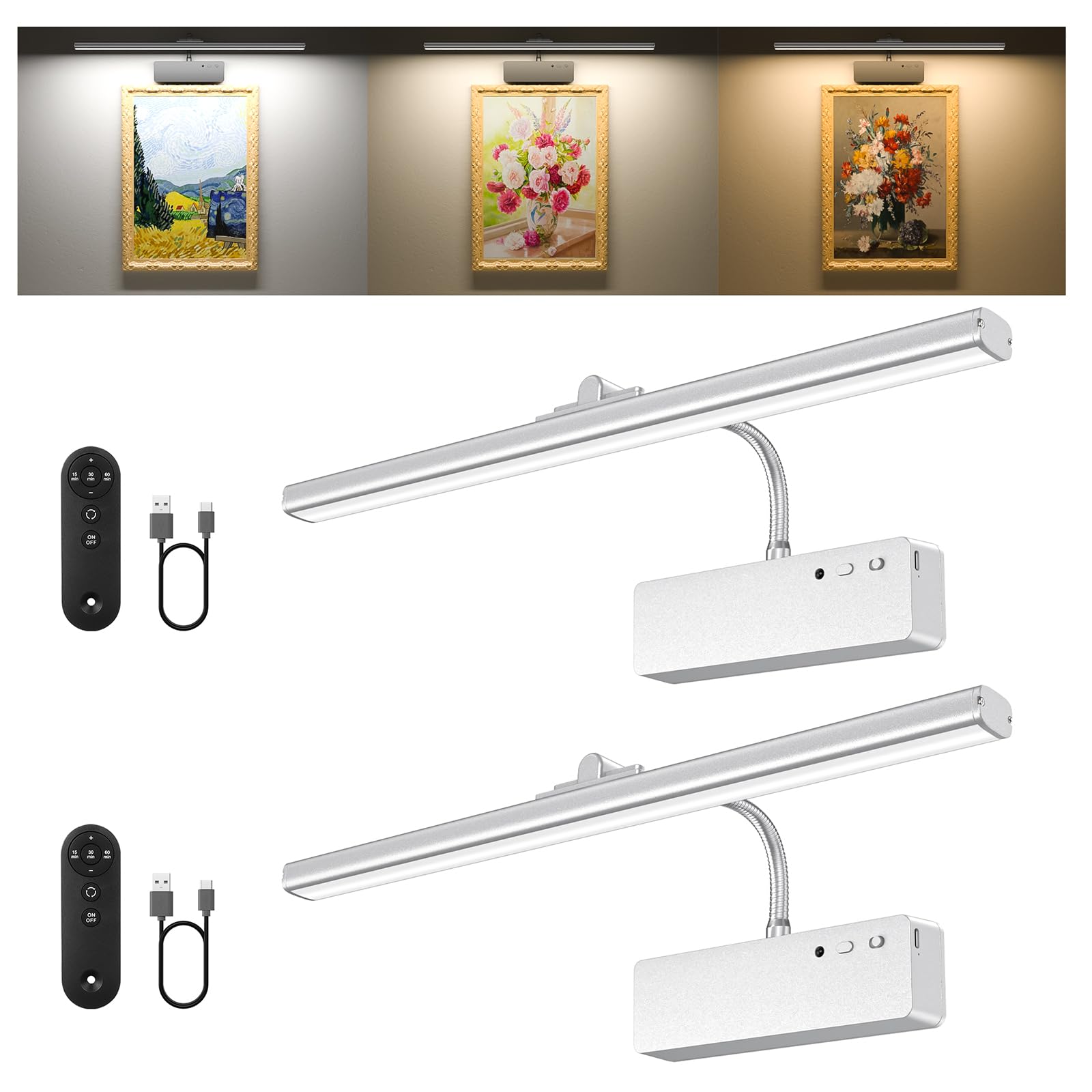 Picture Light, 15.35inch Wireless Picture Lights for Wall Rechargeable, Battery Lights for Pictures on Wall, 3 Color Art Lightin