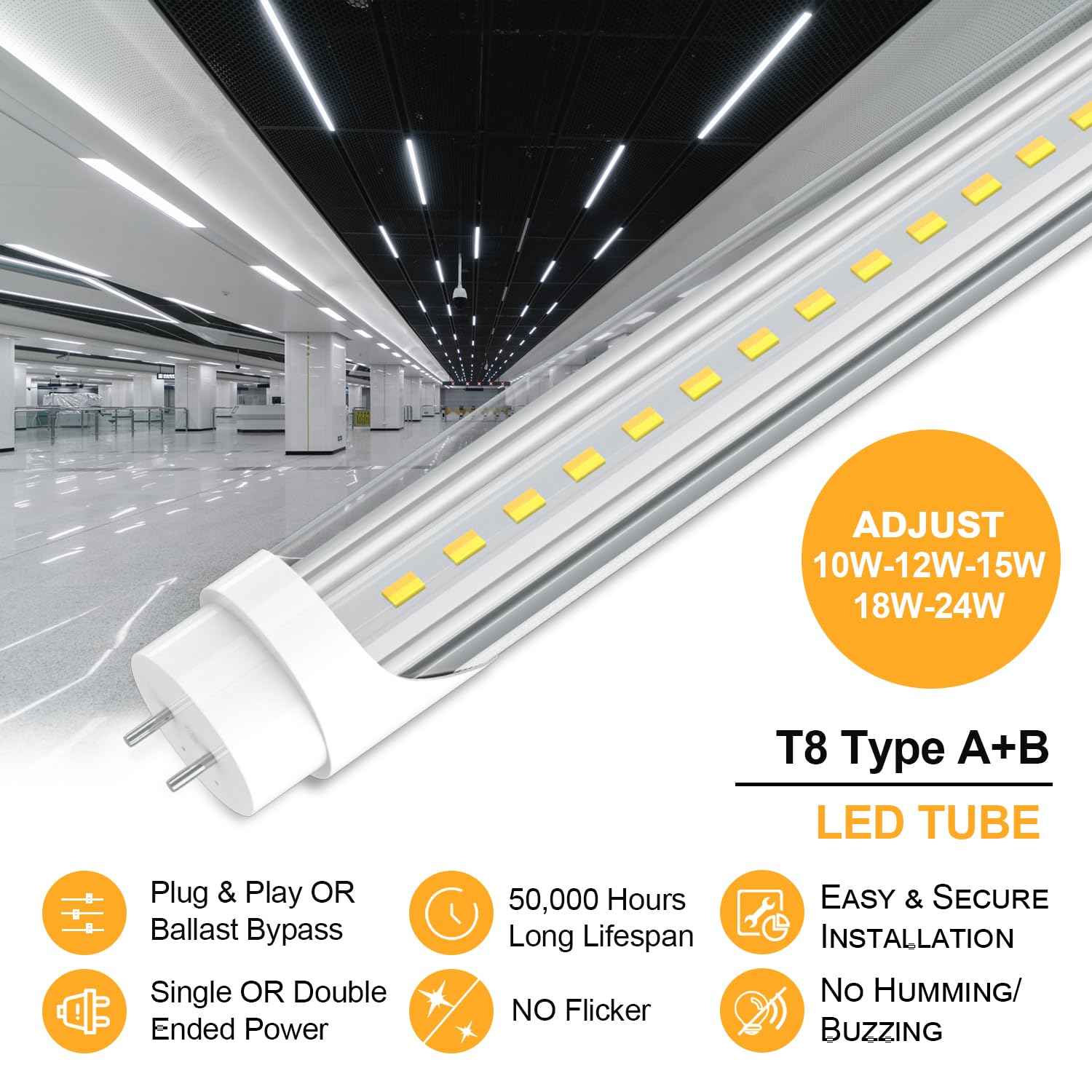 T8 Led Tube Light Bulbs 4 Foot, 5 Power(10W-24W)& 6Cct(3000K-6500K) All In 1,Plug & Play Or Ballast Bypass,T8 T12 4Ft Fluorescen