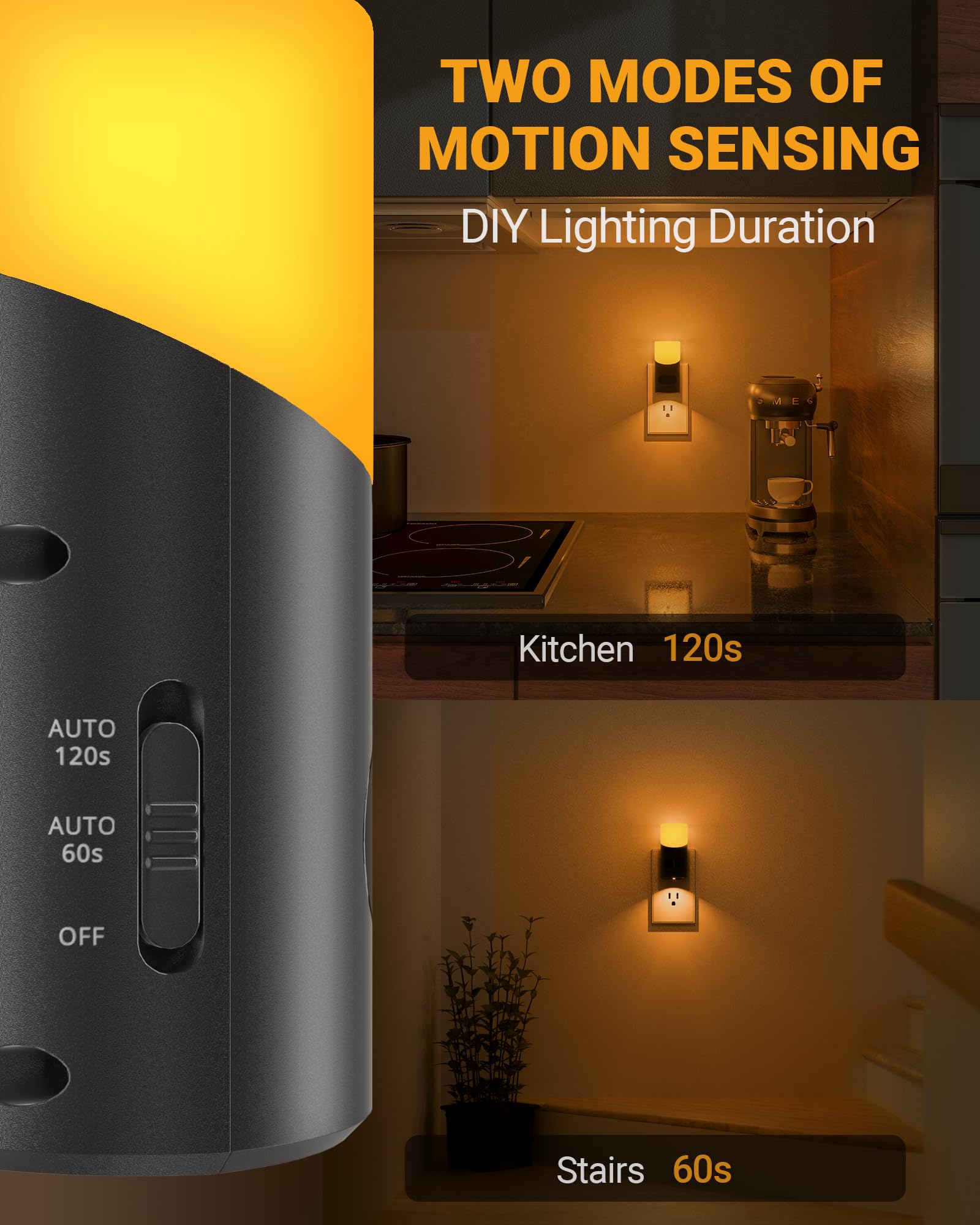 Lyridz Amber Night Light - Dimmable Motion Sensor Plug-in Indoor Light, Small 2 Pack, Model A5103
