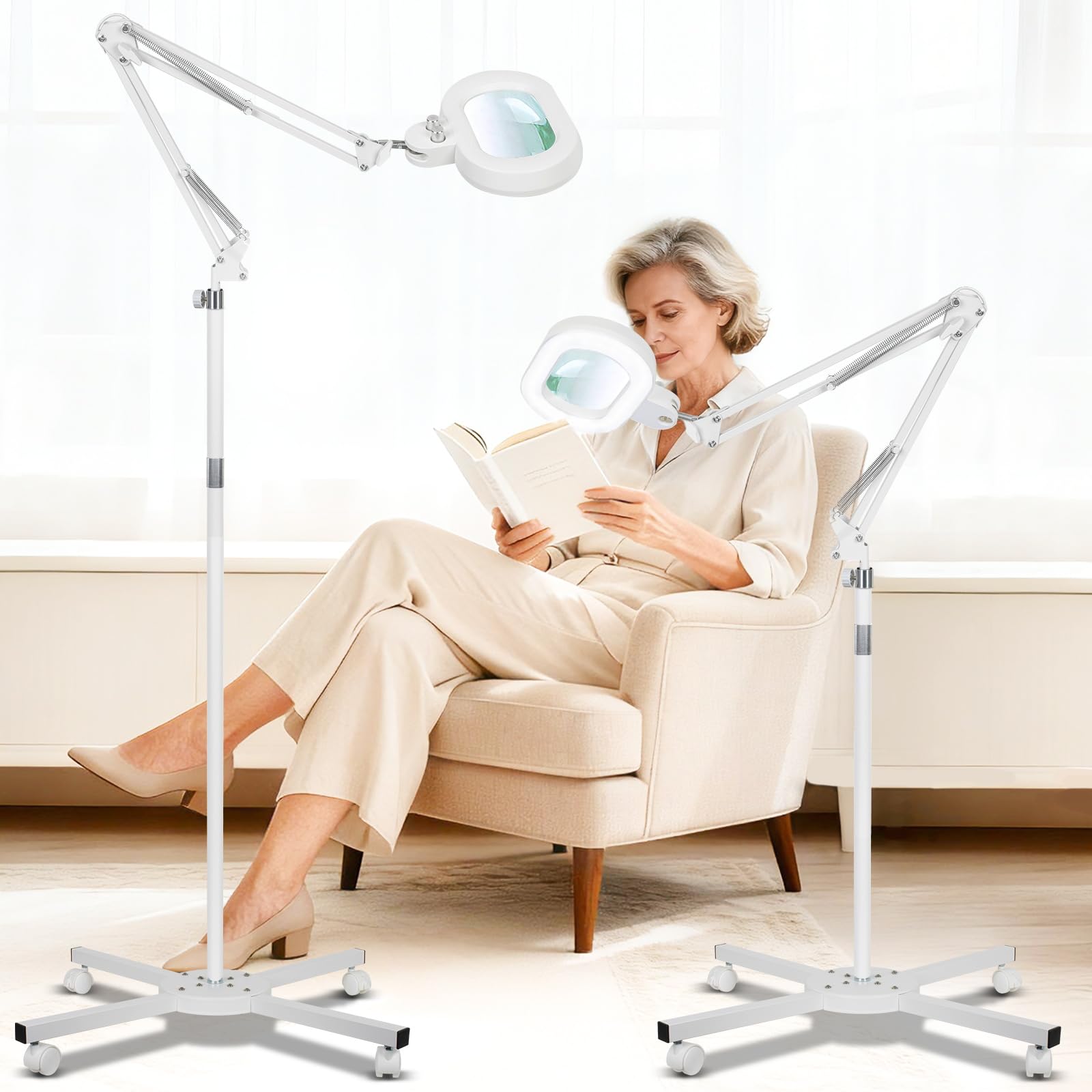 KIRKAS 12X Floor Magnifying Glass with Light and Stand, Infinite Color Dimmable 2 in 1 Large Lighted Magnifier lamp for Workbenc