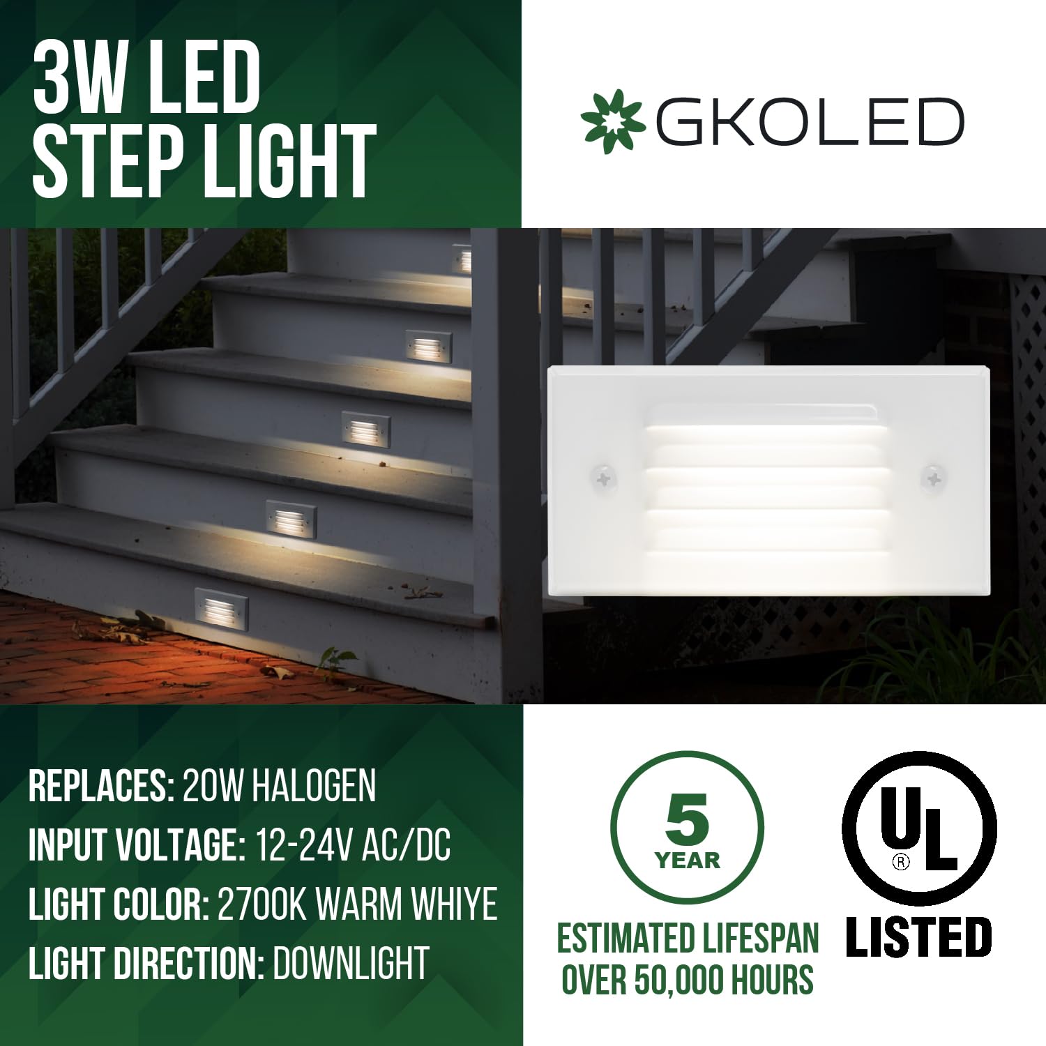 Gkoled Low Voltage Outdoor Step Lights 12V 3W Stair Lighting With Horizontal Louvered Faceplate, Surface Mount Suitable For Step