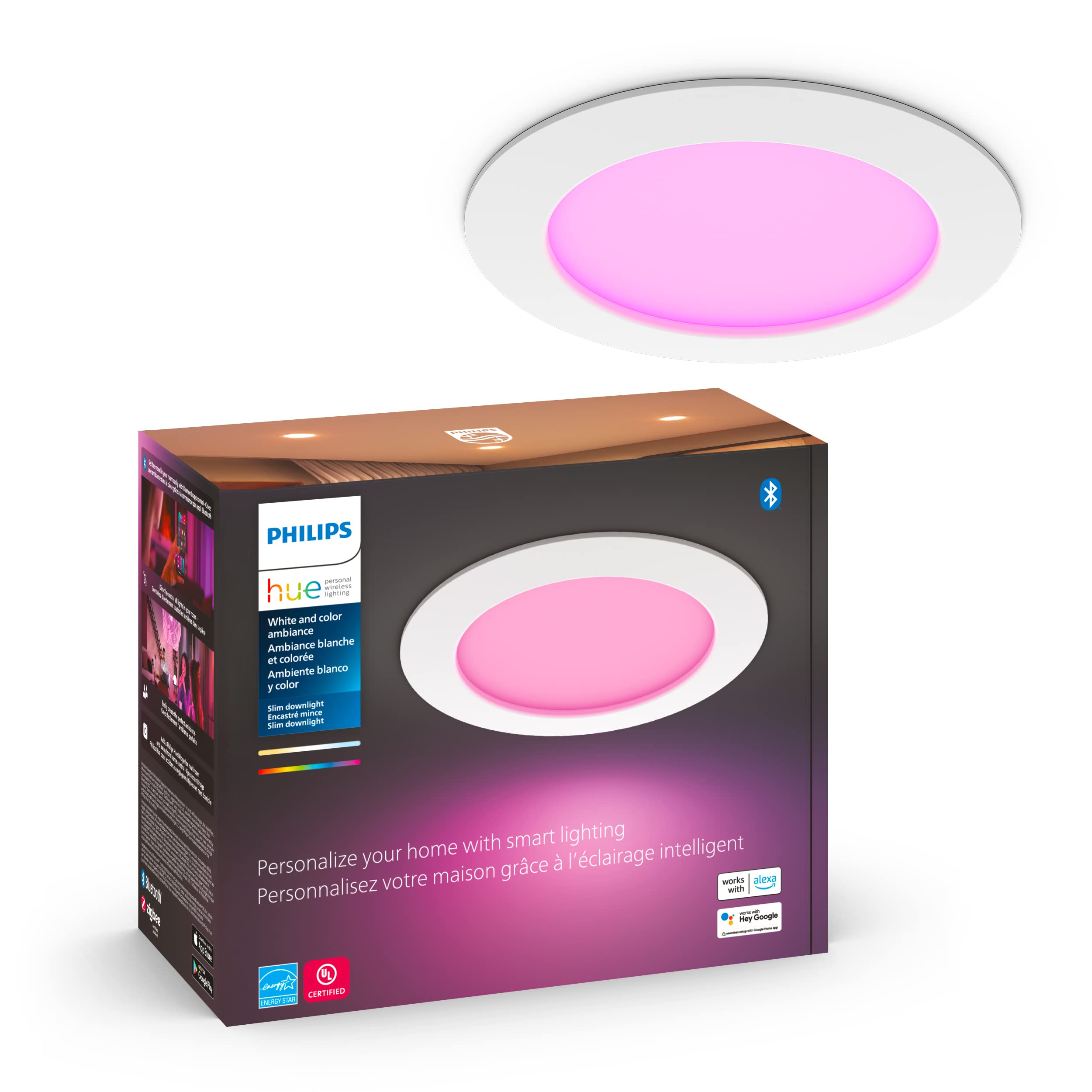 Philips Hue Smart Slim LED Downlight 6 Inch 1200LM - White and Color Ambiance - 1 Pack - Model 579573 - Indoor Lighting