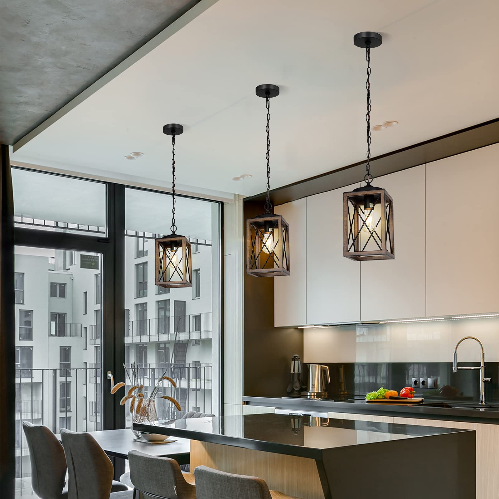 EDISHINE Farmhouse Pendant Light, Metal Hanging Light Fixture with Wooden Grain Finish, 63 Inch Adjustable Chain for Flat and Sl