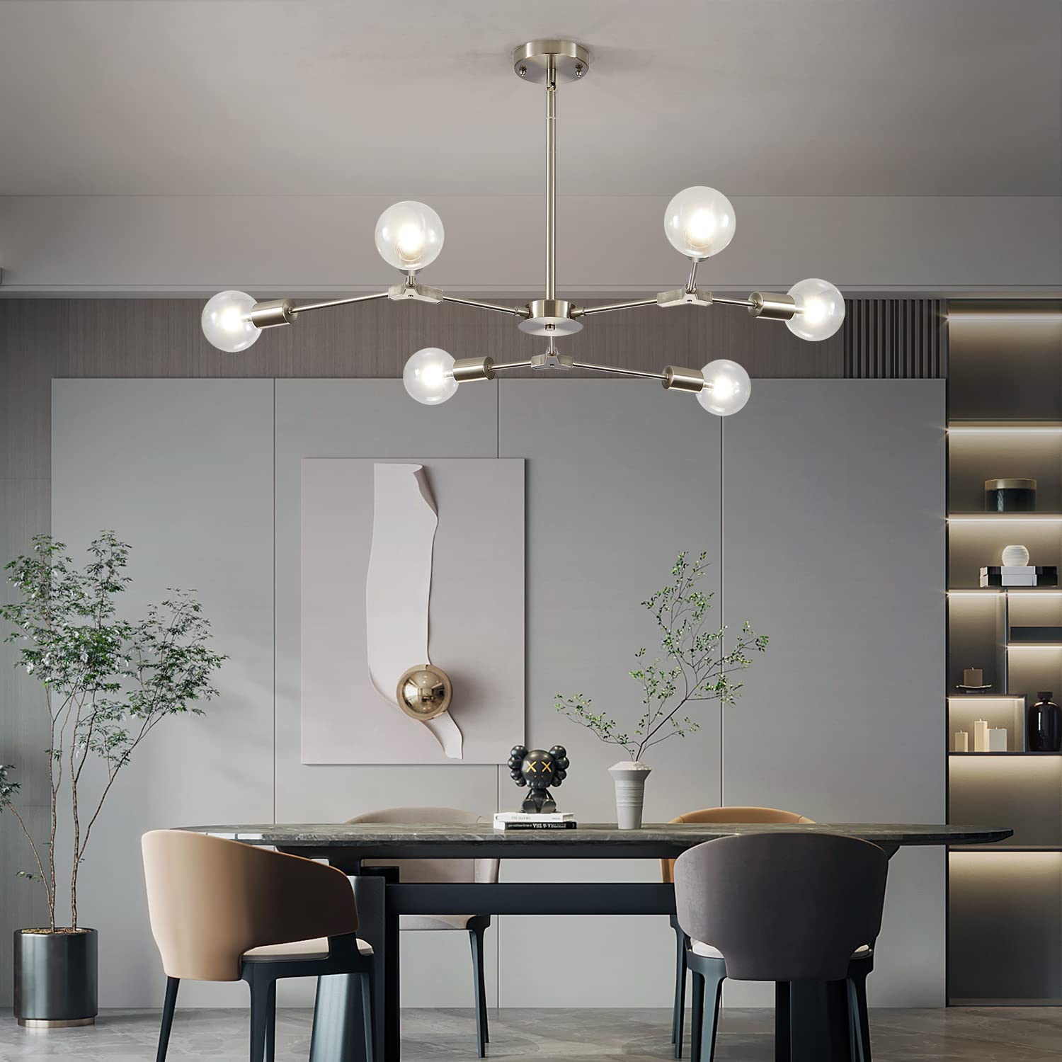 Kco Lighting Brushed Nickel Chandelier Modern 6-Light Sputnik Flush Mount Ceiling Light Fixture Contemporary Silver Chandelier Pendant Light Mid Century Living Room Light Fixture