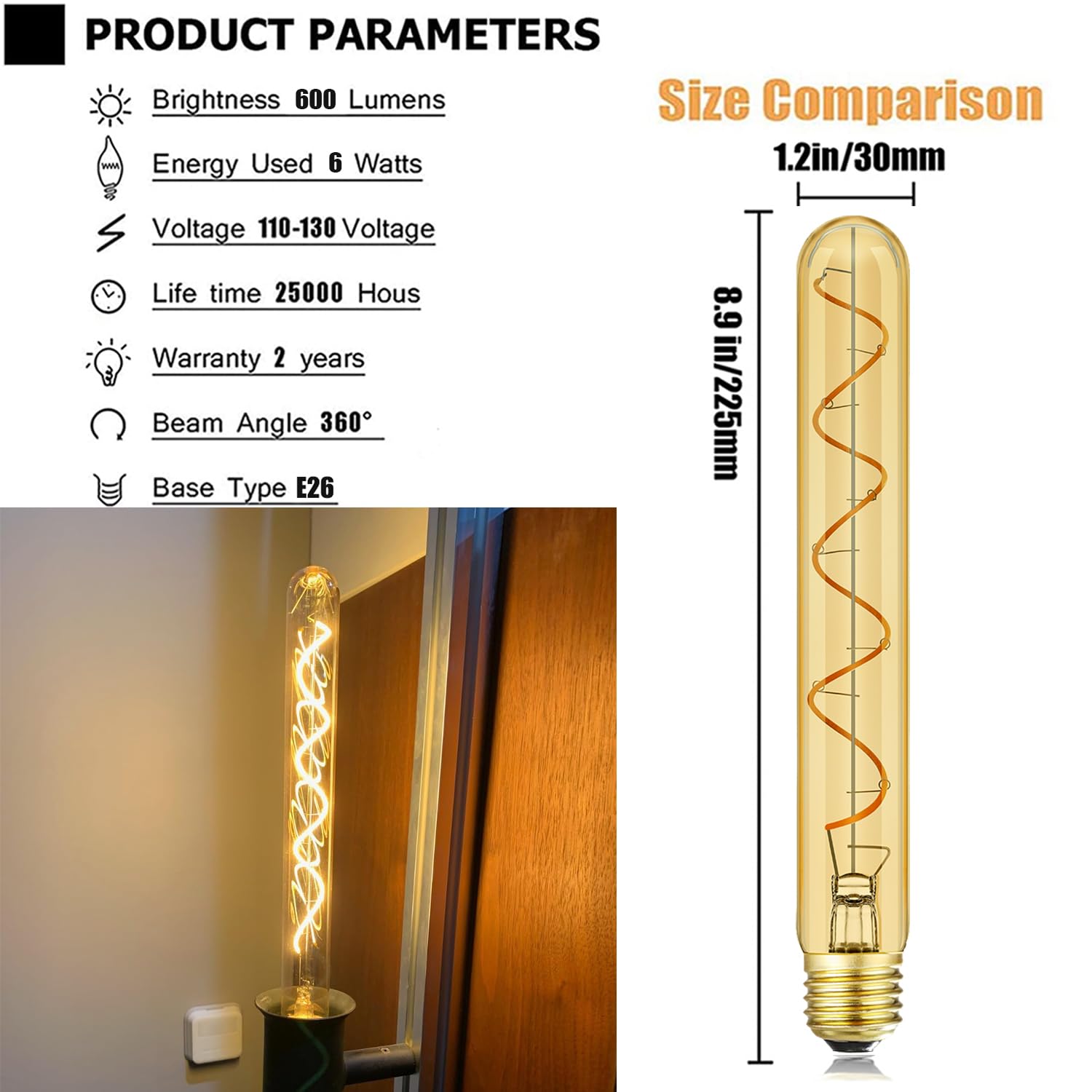 Leools T10 Long Tubular Light Bulb,60 Watt Equivalent E26 Base Amber Vintage Edison Bulb 6W Dimmable Tubular Antique Style Decor