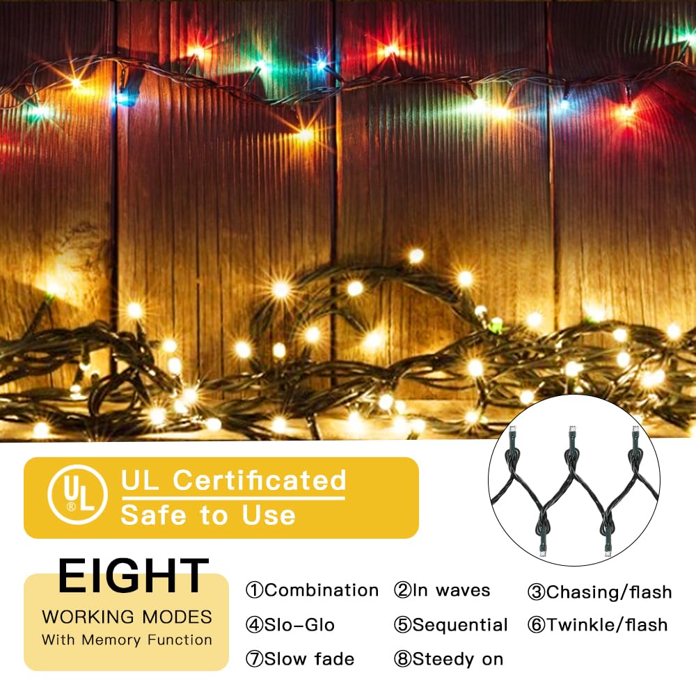 LetsFunny 300 LED Outdoor String Lights, 108FT, Waterproof Twinkle Lights, Warm & Multicolor, 8 Lighting Modes
