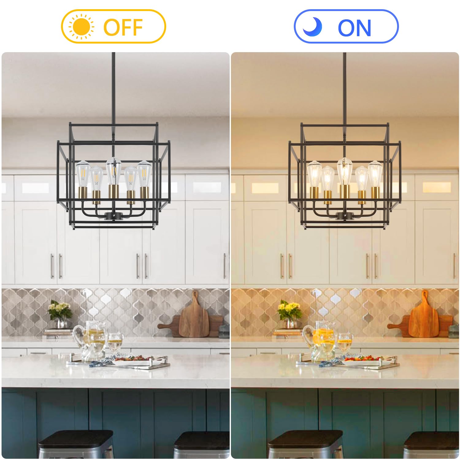 Luupyia 5Lights Rectangle Chandelier Industrial, Black And Gold Metal Pendant Light Fixture Linear For Living Room Dining Room O