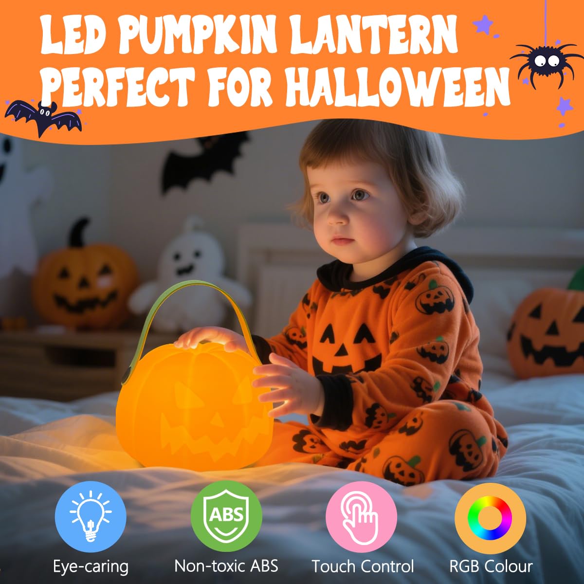 LEDHOLYT Night Light for Kids, Rechargeable LED Pumpkin Cordless Lamp with Control, 7 Colors Dimmable Halloween Lamp for Bedroom