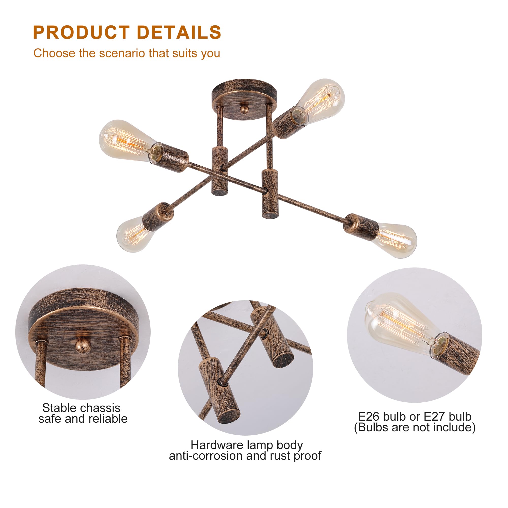 Garwarm 4-Light Semi Flush Mount Ceiling Light Fixture Farmhouse Sputnik Ceiling Light Vintage Modern Bronze Sputnik Chandelier