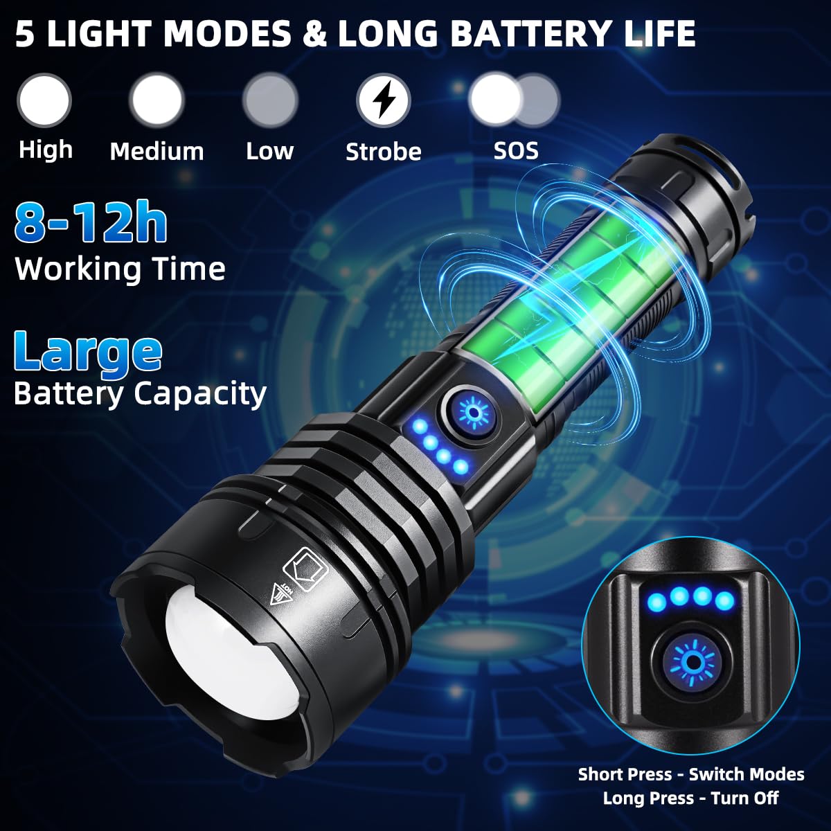 WopkDupk Tactical Flashlight - 5 Mode High Lumens, Rechargeable, Waterproof, Black, X70-Max for Camping and Emergencies