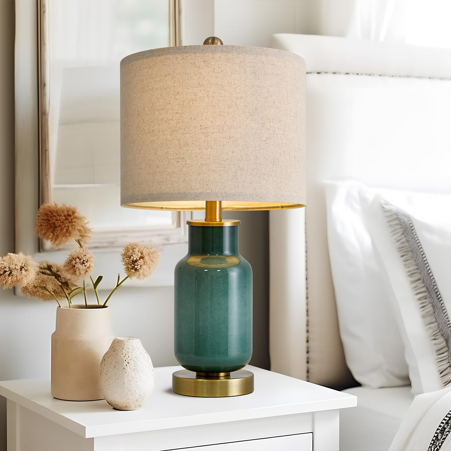 USumkky Modern Table Lamp Set of 2, 21.25" Dark Green Glass Nightstand Lamps for Living Room and Bedrooms, Model YM-AMZ-T1126GR
