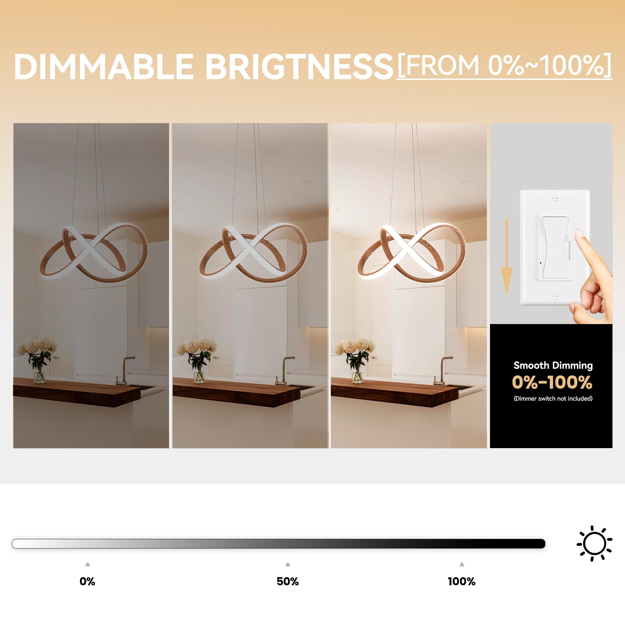 MAYNA Modern LED Chandelier - Adjustable Wood Finish Pendant Light, Irregular Ring Design, 6000K Daylight, Model YG-4606-3P-D22