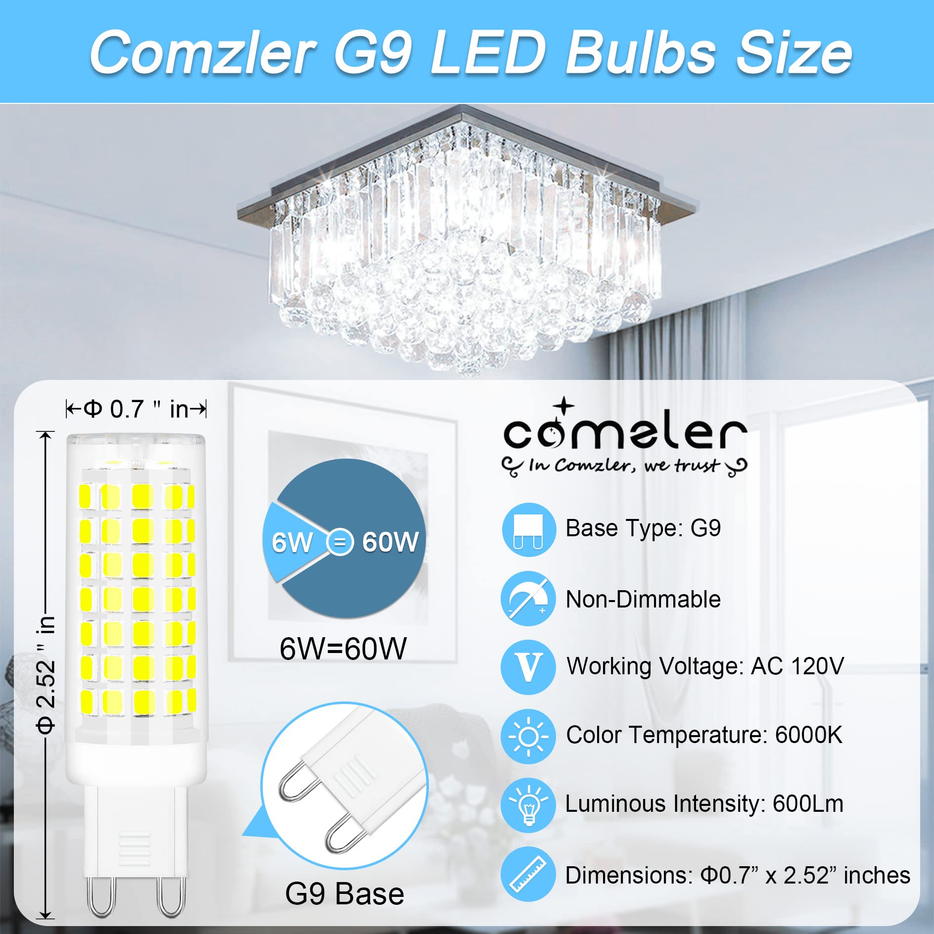 Comzler G9 Led Bulb Bi Pin Base G9 6W Led Bulbs Daylight White 6000K, G9 Light Bulbs For Chandelier, Ceramic Base, 60W Halogen E