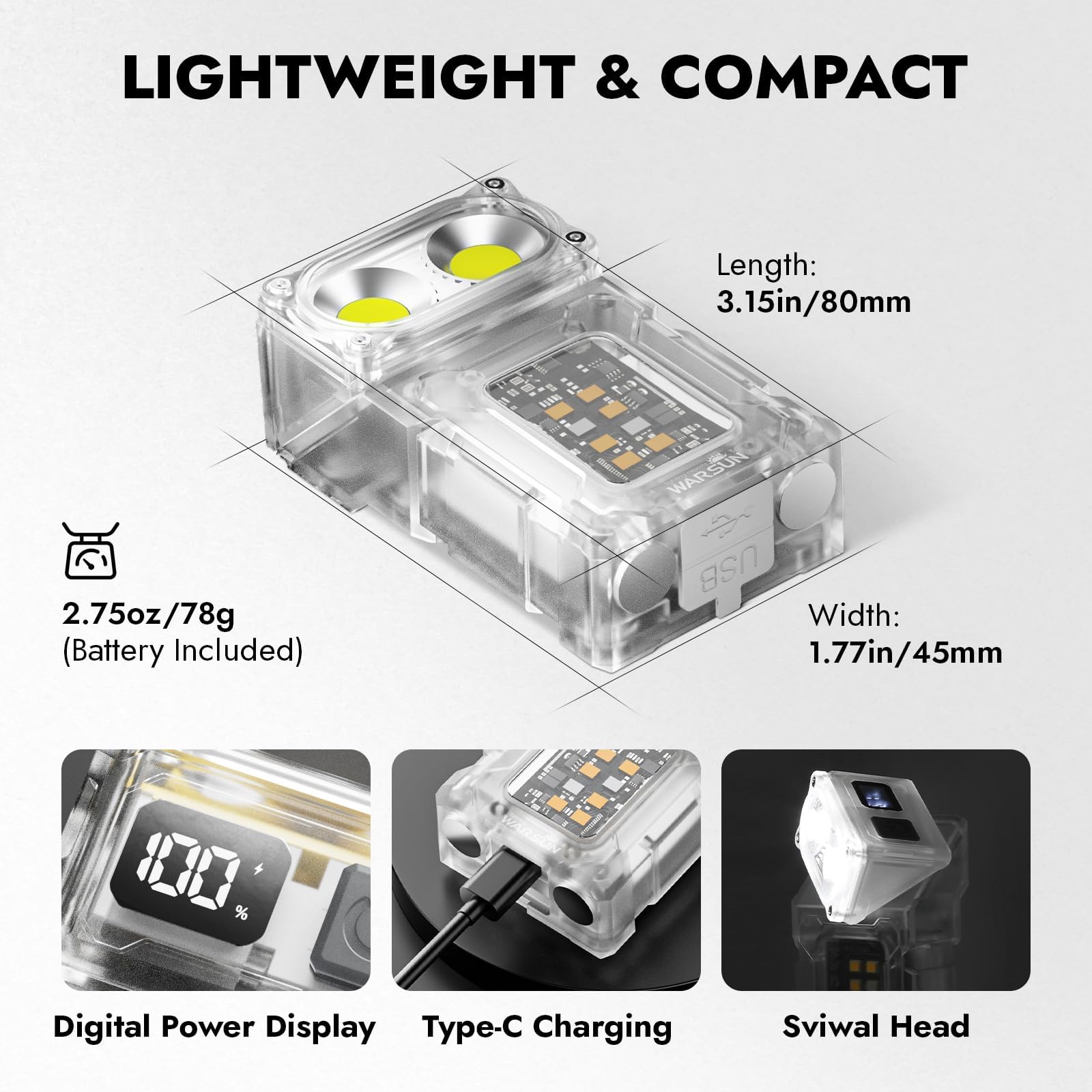 WARSUN DC08 Rechargeable LED Flashlight, 800 Lumens, Mini Clip-On, Magnetic, Transparent for Emergency, Hiking, Camping