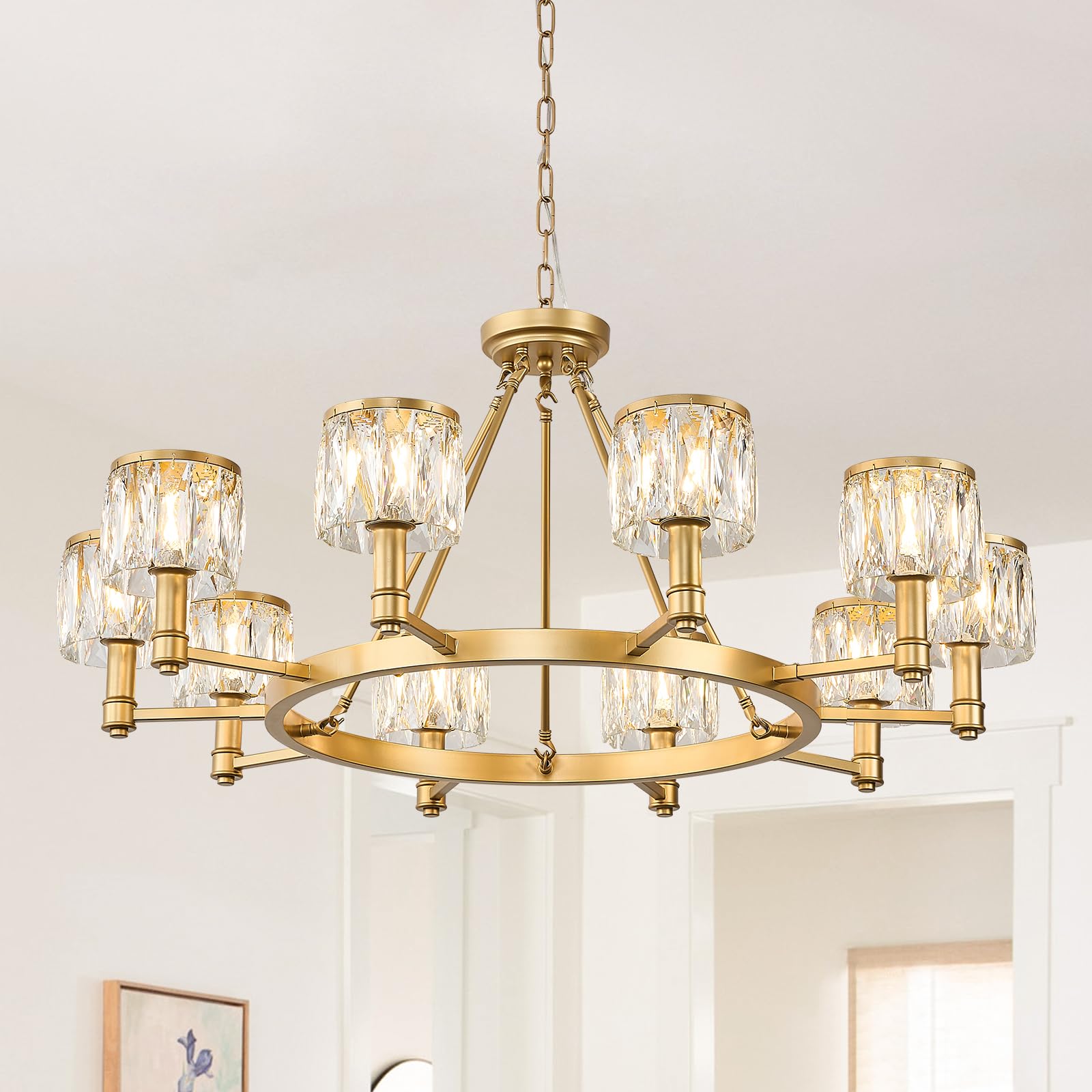 Fookchak Gold Wagon Wheel Chandelier Crystal Foyer Chandelier Modern Living Room Chandeliers Light Fixture Round 10-Light Pendan