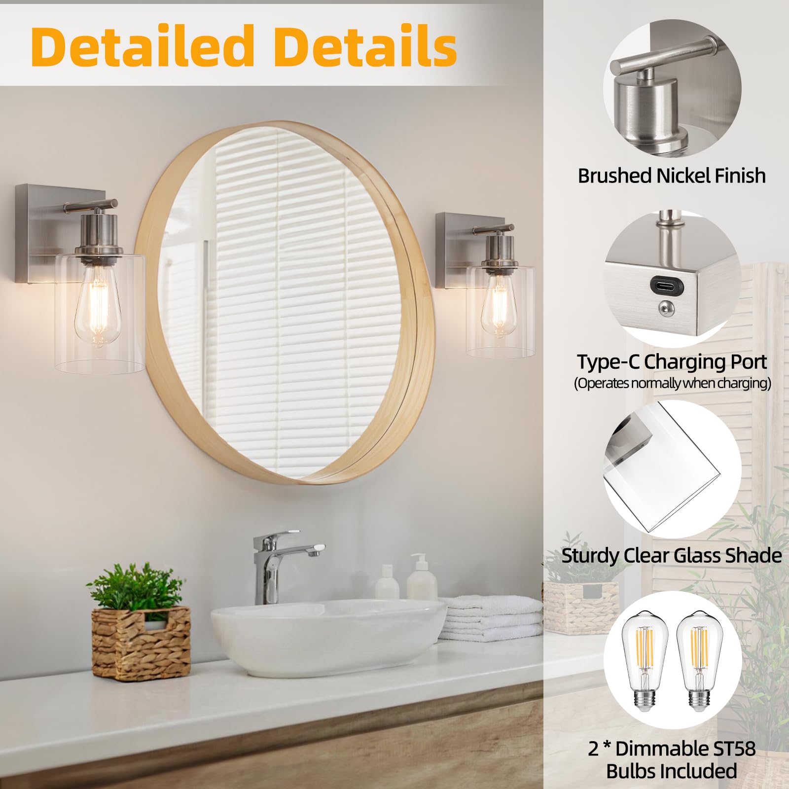 Battery Operated Wall Sconce Set Of 2, Modern Brushed Nickel Wireless Rechargeable Wall Mounted Lamp With Bulbs, Dimmable Indoor