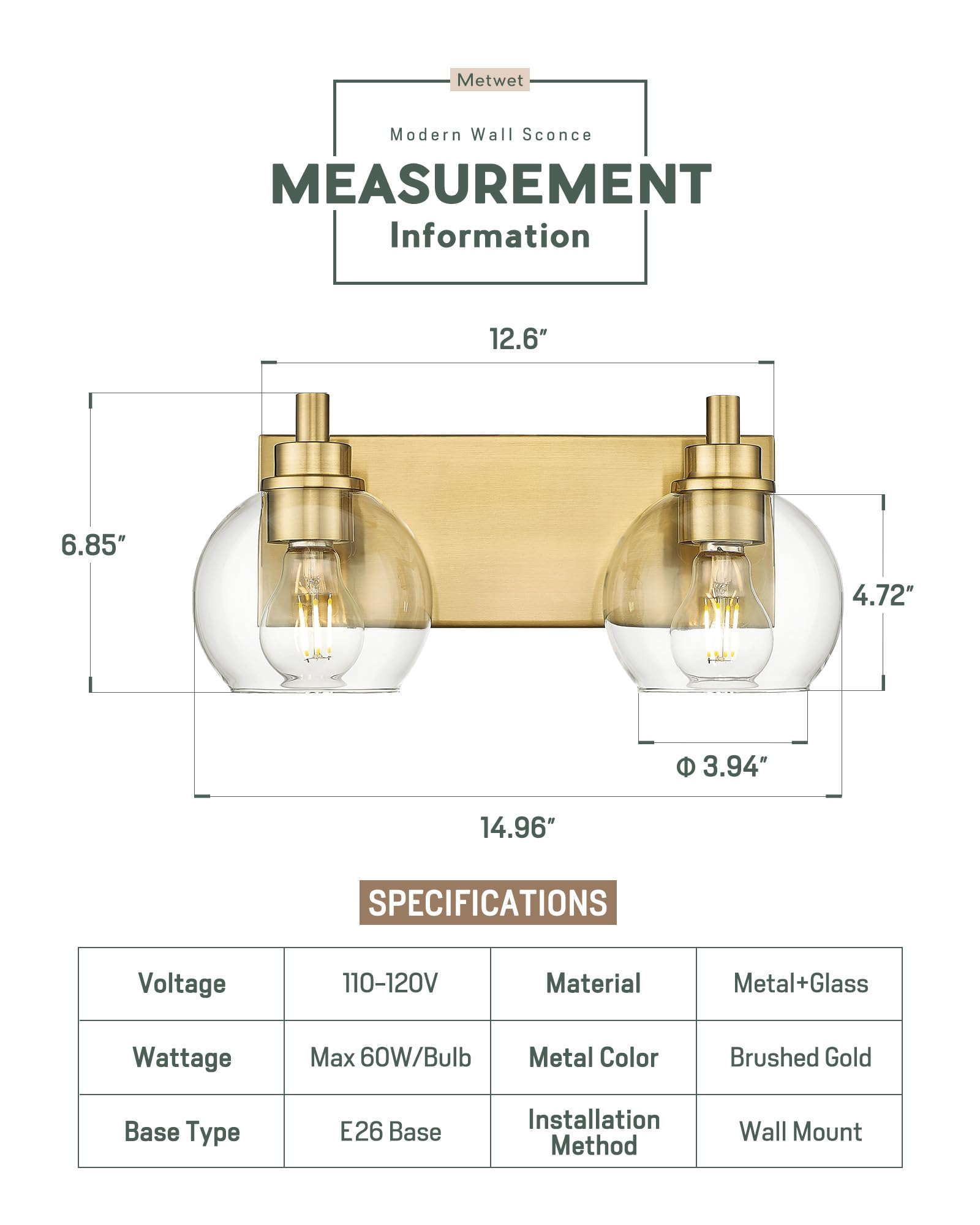 Metwet Bathroom Light Fixtures, 2 Light Brushed Gold Vanity Light, Modern Wall Sconces With Clear Glass Globe Shade, Bathroom Wa
