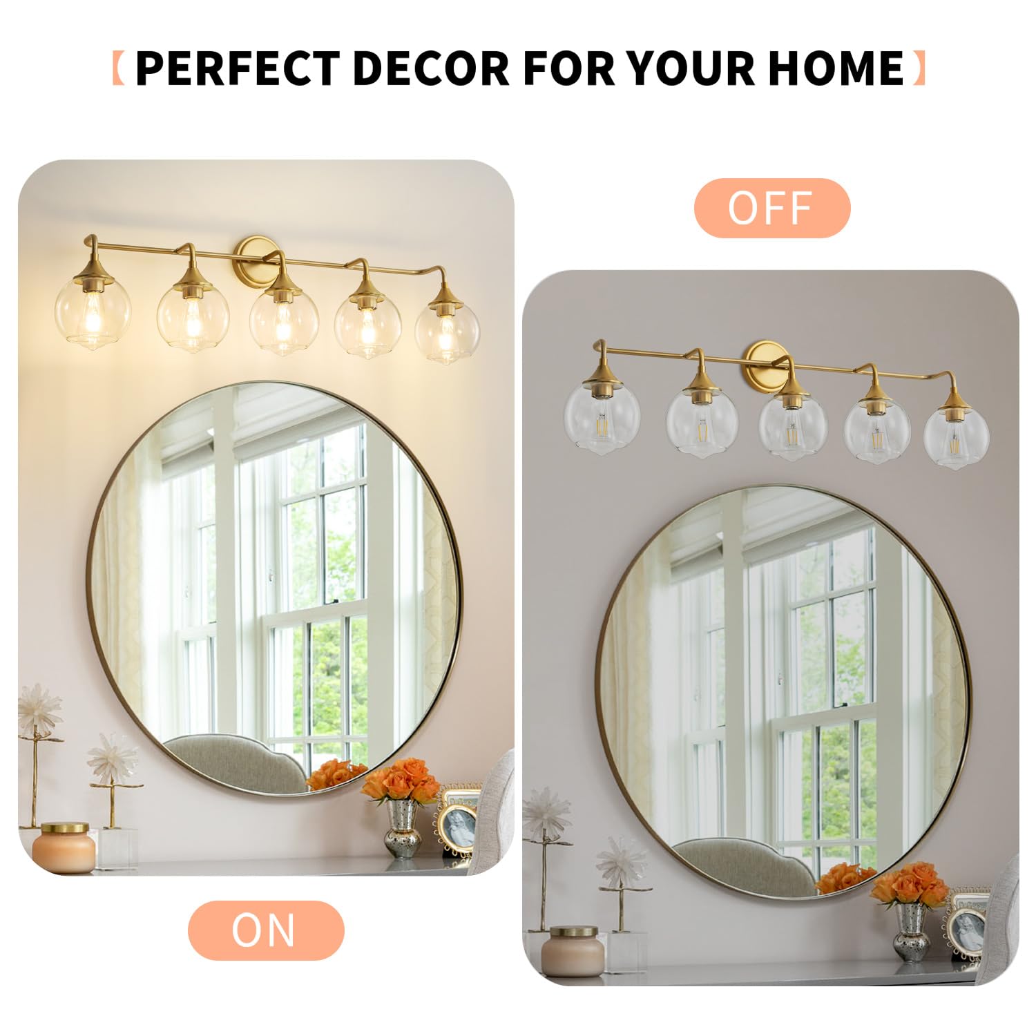 Gednbo Bathroom Vanity Lights, 5-Lights, Clear Glass Shade, Metal, 39 Inch, Gold, Model G1796 (Exclude E26 Bulb)
