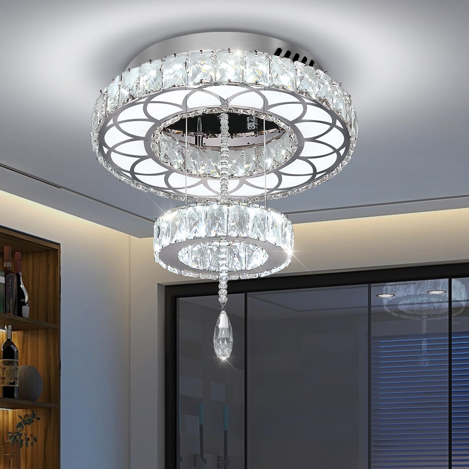Flashing God 16in Crystal Chandelier LED Flush Mount Ceiling Light Silver MMQ0268-40-Y Dimmable for Living Room Bedrooms Dining Room