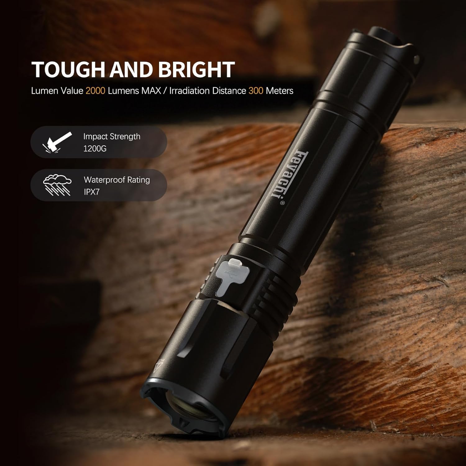 Feyachi FL26 Tactical Flashlight, 2000 Lumen, USB-C Rechargeable, Adjustable Focus, IPX7 Waterproof, Black