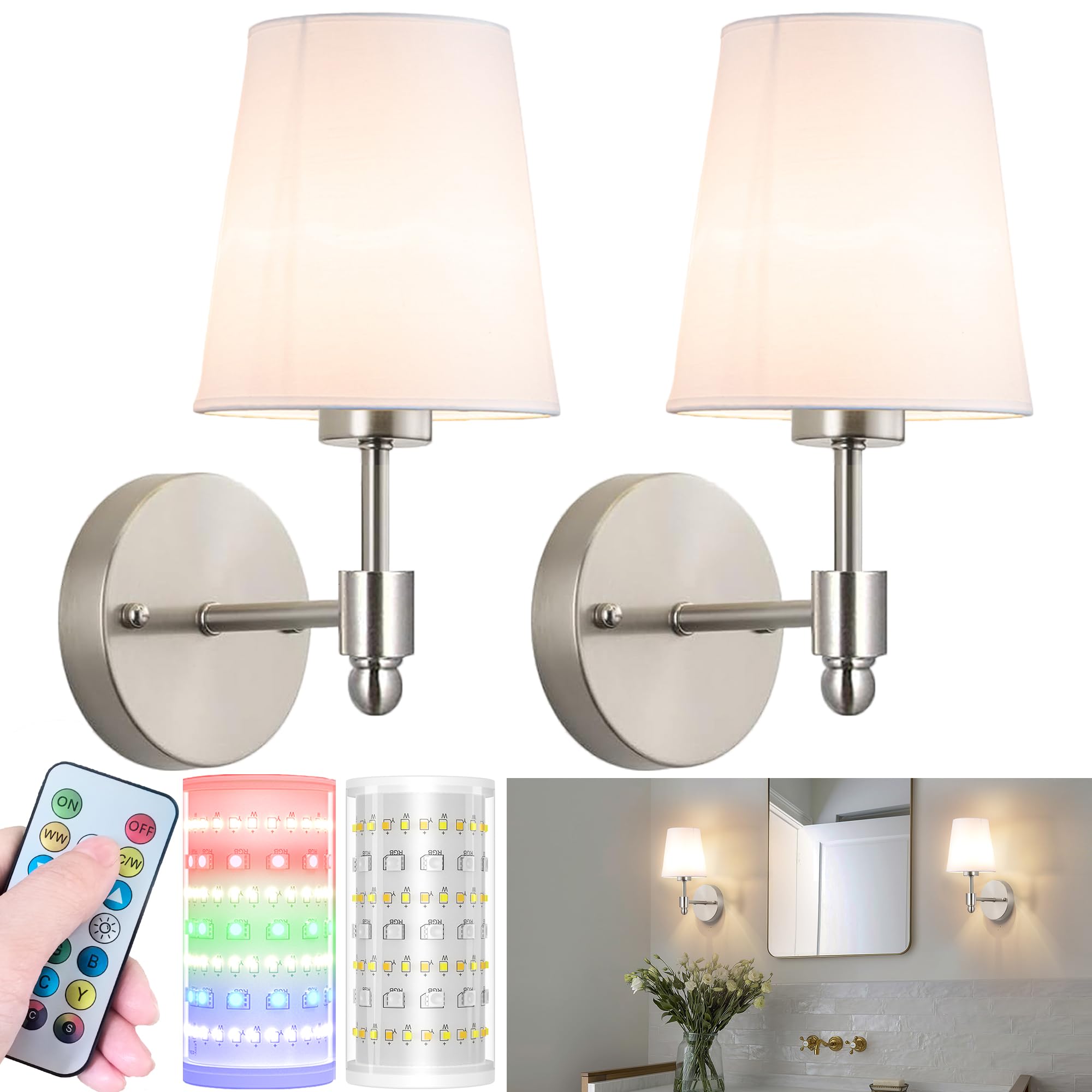 Nekhung Battery Operated Wall Sconces Set of 2, Wireless RGB Rechargeable Bulb, Nickel, Model Nekhung, One Size