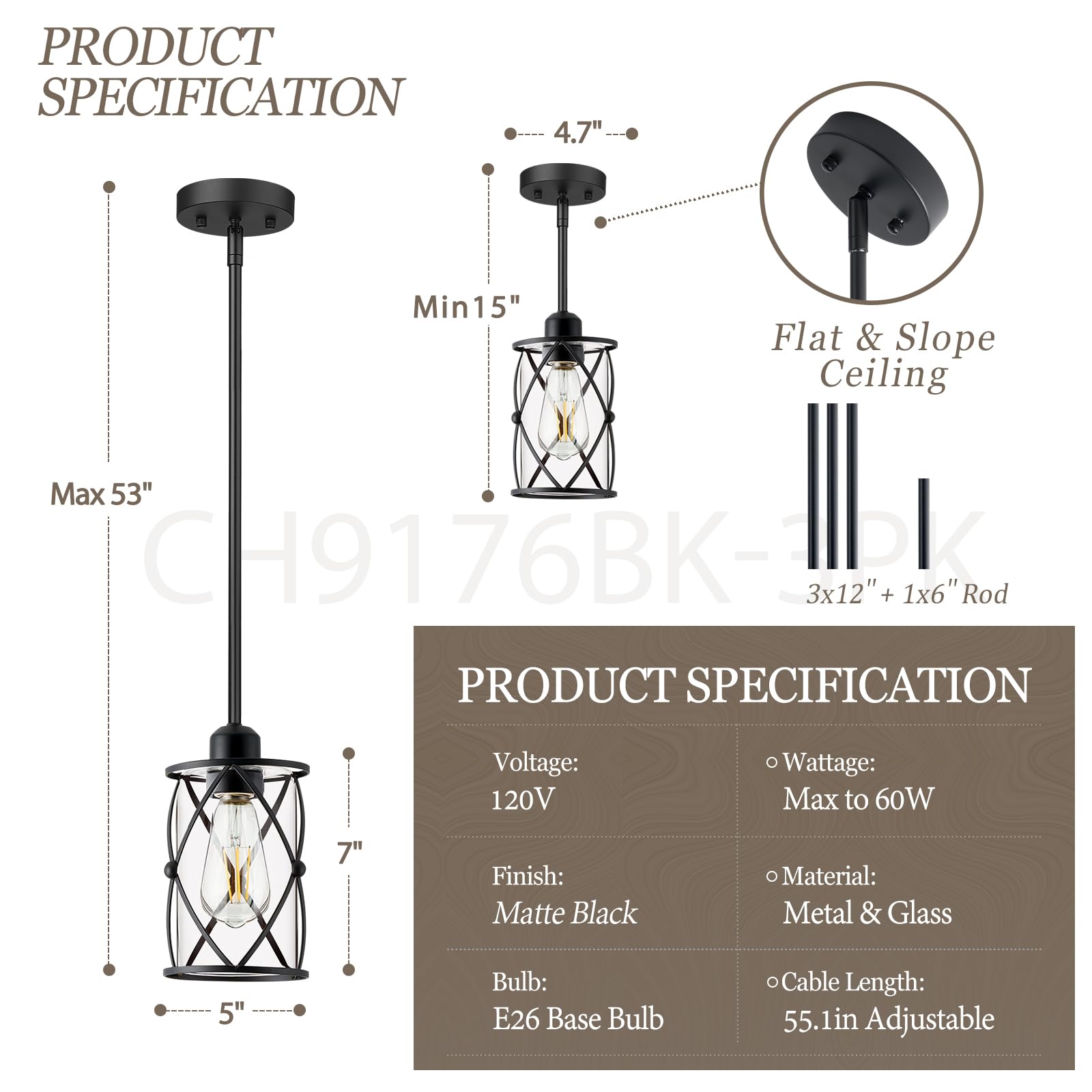 Osimir Black Glass Pendant Lights - 3 Pack Modern Mini Hanging Light for Kitchen Island, Dining Room, Model CH9176BK-3PK