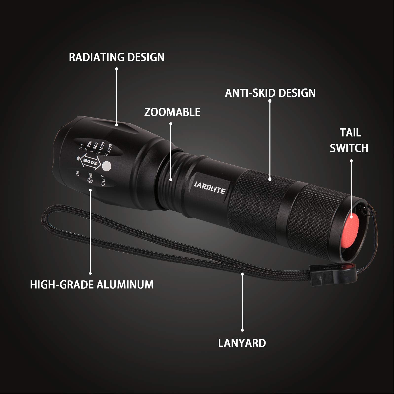 JARDLITE LED Flashlight, Adjustable Focus, Water Resistant, 5 Modes, Aluminum, 2 Pack, Model L1000