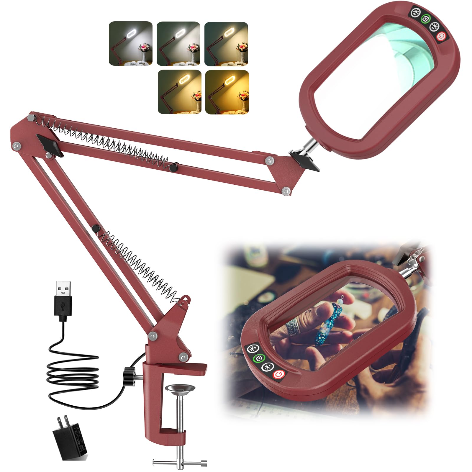 IVMAIE 10X Magnifying Glass with Light, Stepless Dimmable, LED Clamp Desk Lamp, Red, Model JZ602