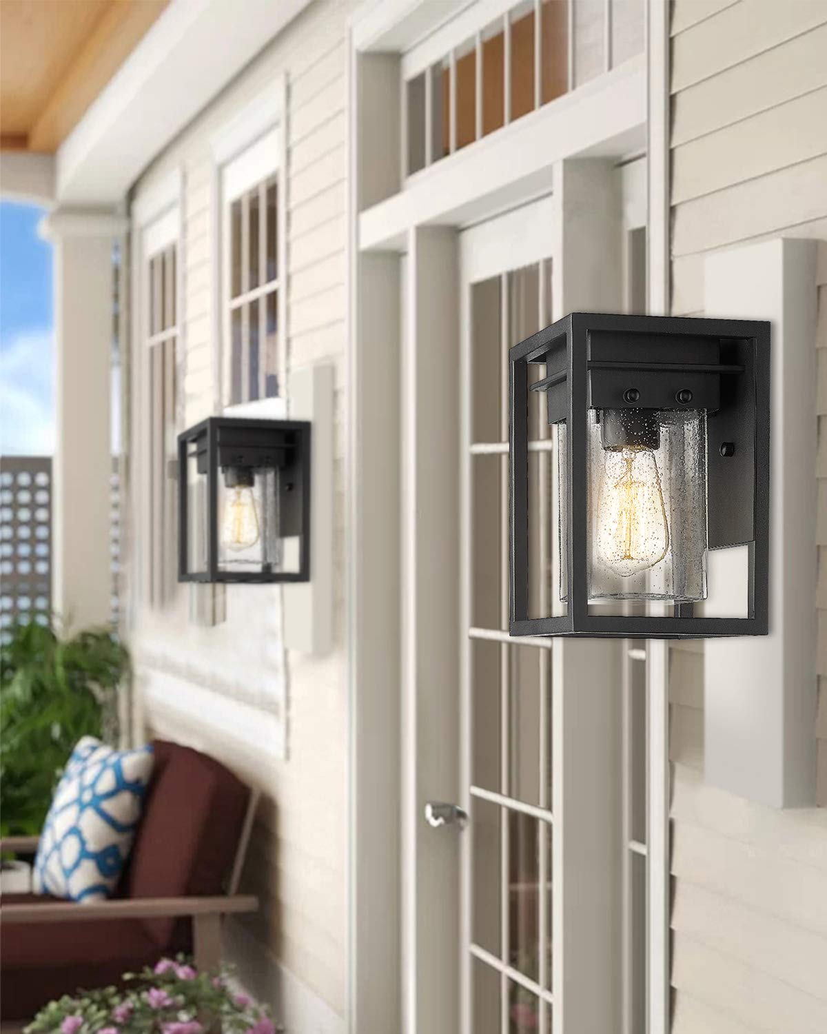 Osimir Outdoor Wall Lights, Black Waterproof Aluminum Fixtures, Modern Square Design, 2103-1W-2PK, Seeded Glass, 2 Pack