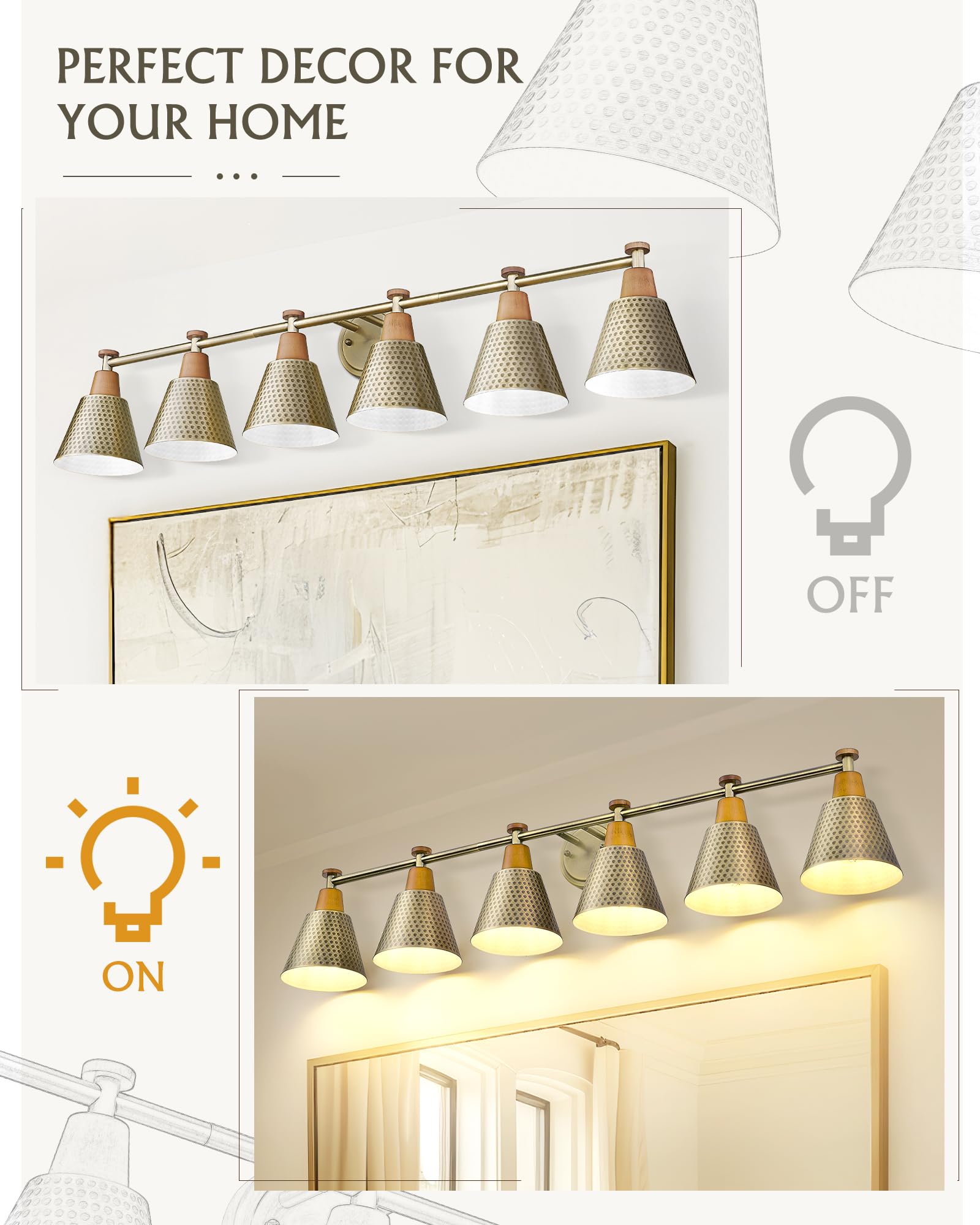 Femila Brushed Gold Vanity Light, 37.4'' Gold Bathroom Light Fixtures, Vanity Lights For Bathroom, E26 Base, 4Fg59B-5W Bg