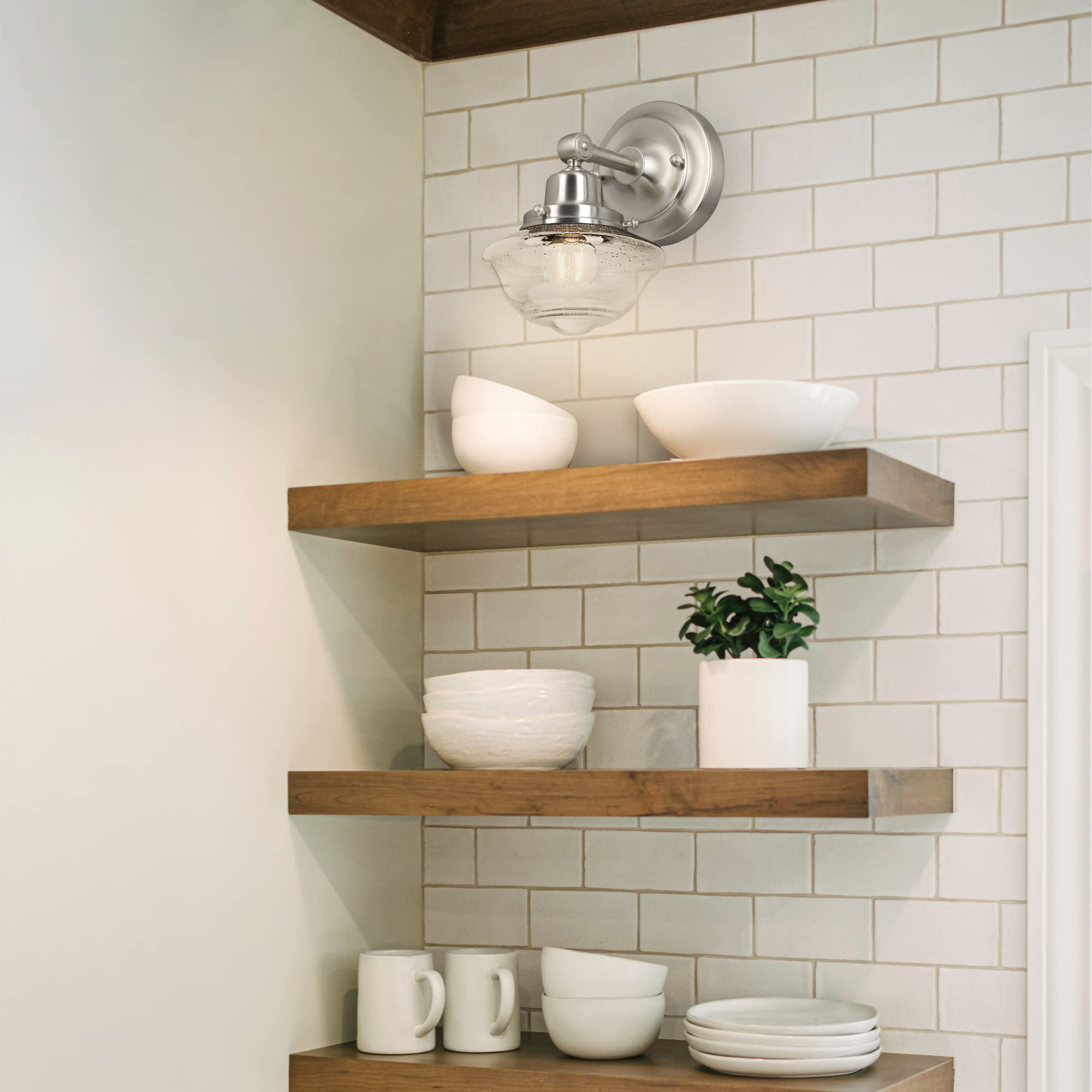 Design House Vintage-Inspired Schoolhouse Wall Sconce, 6.625 in x 7.625 in x 9.5 in, Satin Nickel, Clear Seeded Glass Shade, 589