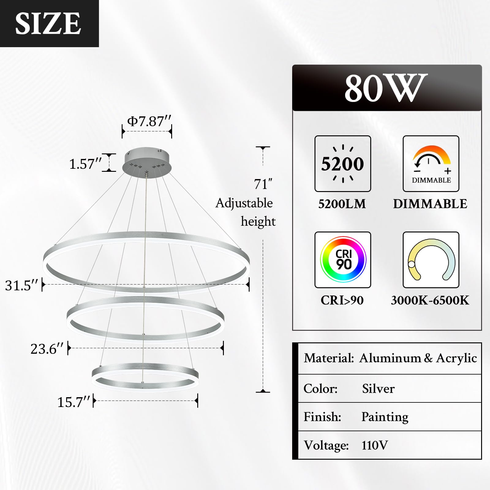 Sparklelf Modern LED Chandelier, Dimmable Pendant Light, 3 Rings, 31.5in, Silver, Model SE-P60-3SDC1, Remote Control, 300