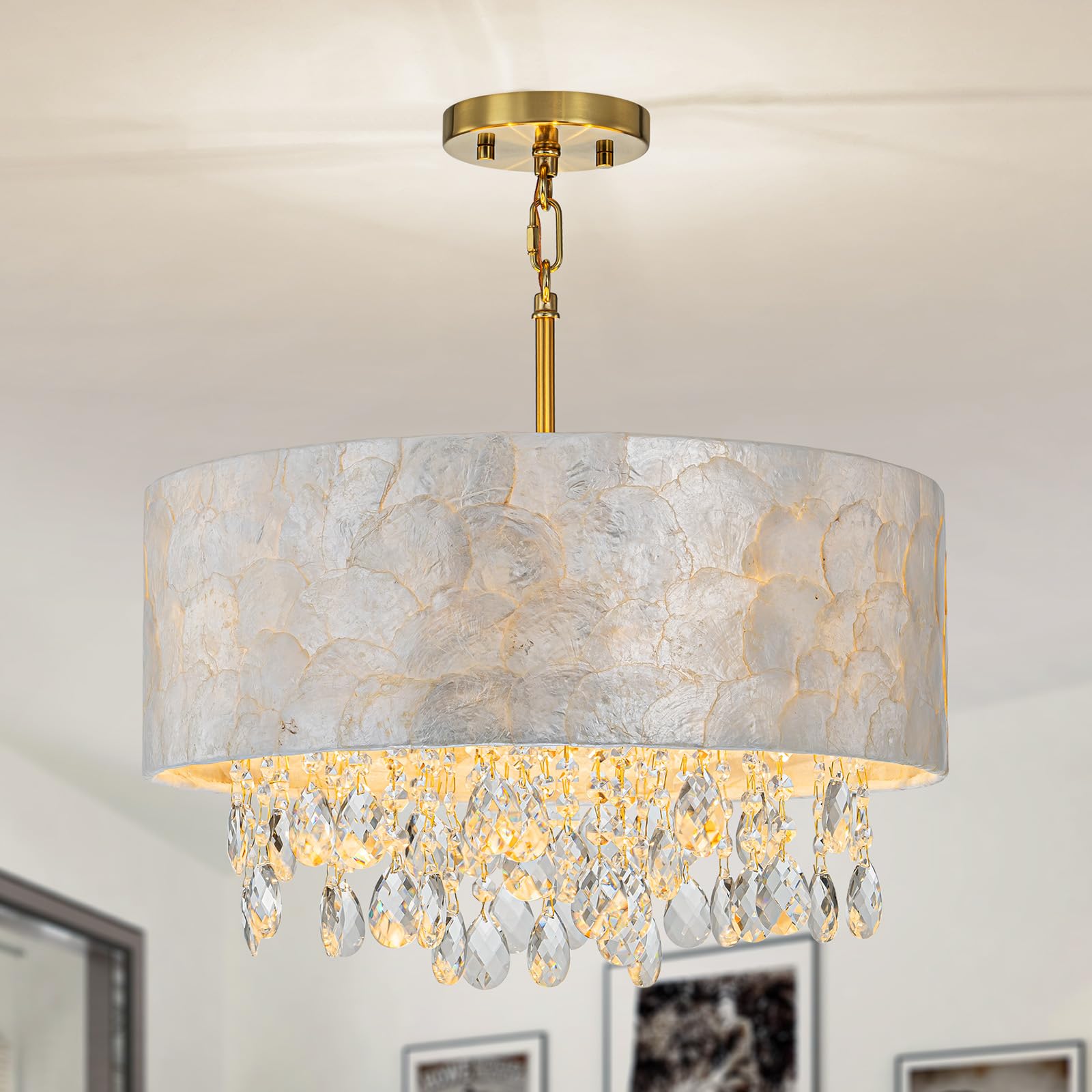 LumFurn 3-Lights Chandelier, Capiz Shell & Gold Finish, Adjustable Height D12 x H19~49in, Coastal Design for Dining Room, Living Room, Bedroom