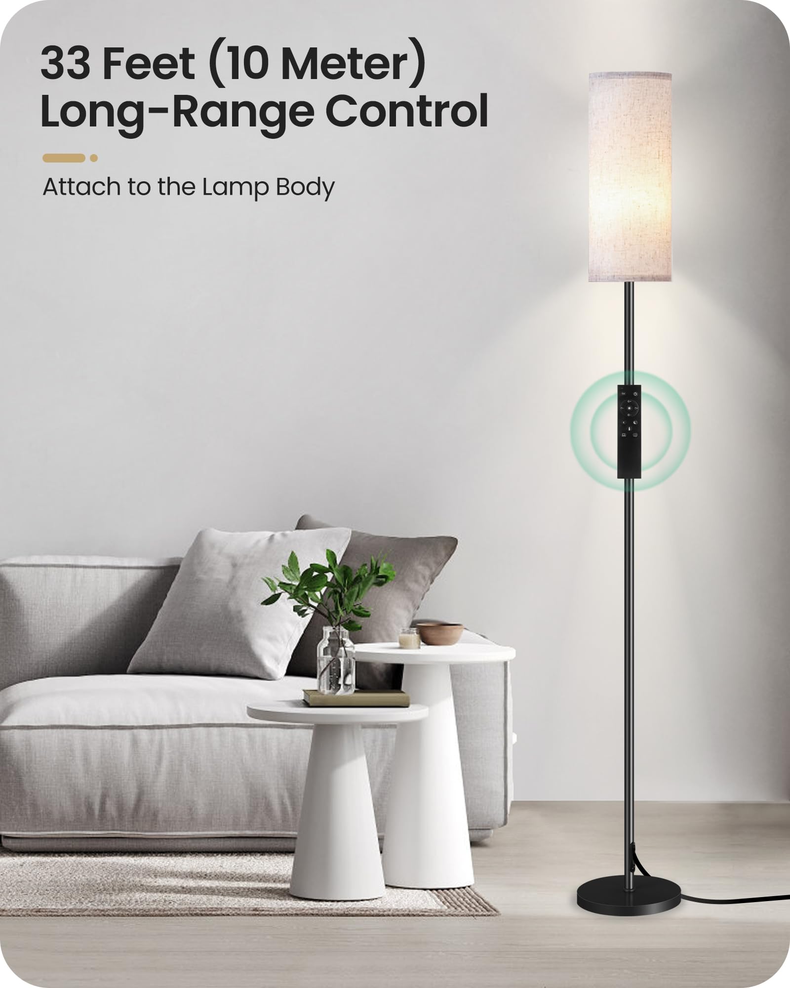 Goebleson Dimmable Floor Lamp With Remote, 66'' Tall Linen Shade, 10W Led For Living Room, Black