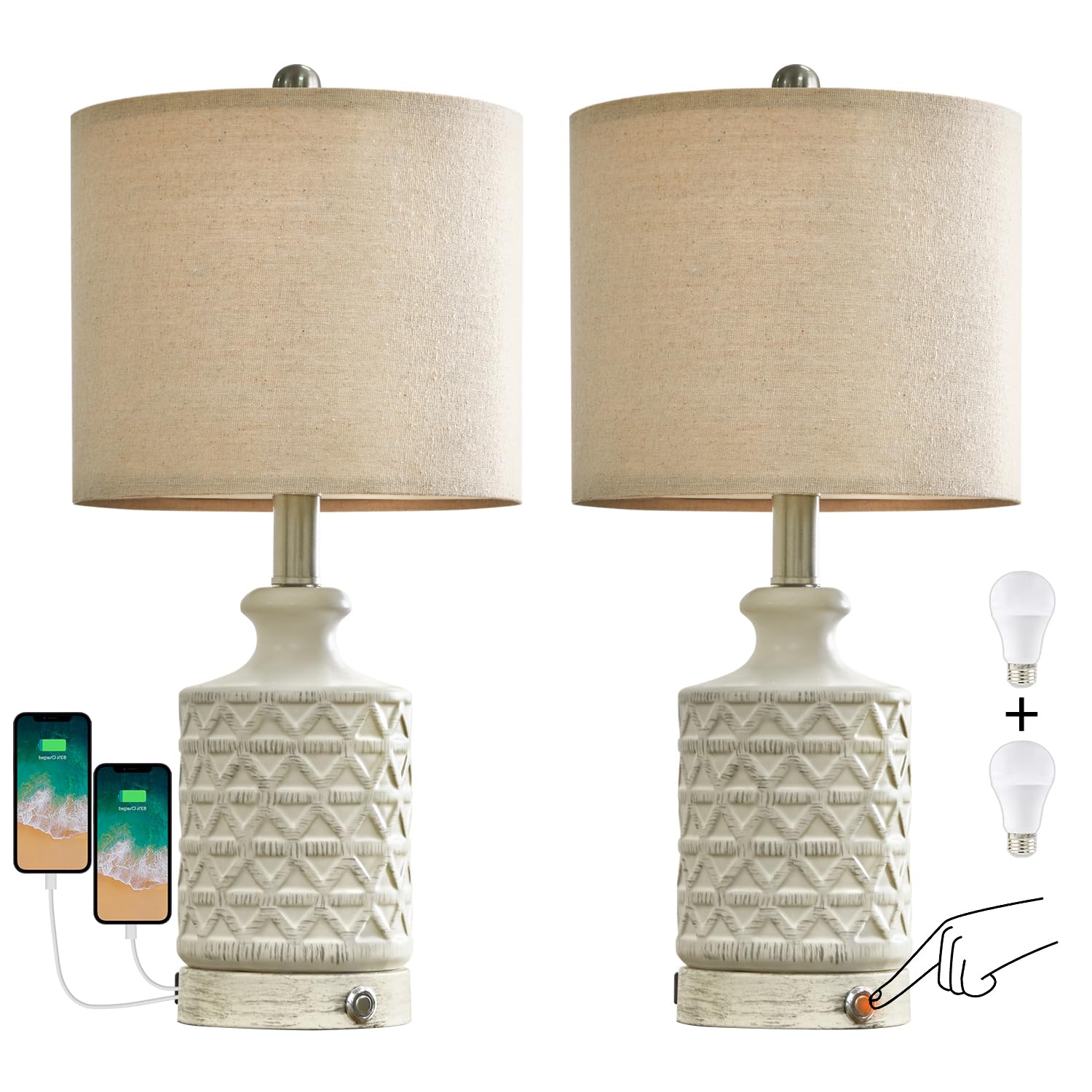 PoKat 20in Ceramic Table Lamps Set of 2, 3 Way Dimmable Nightstand Lamps for Bedroom, Living Room, White, Model AMZ-T1029S-AW-TU