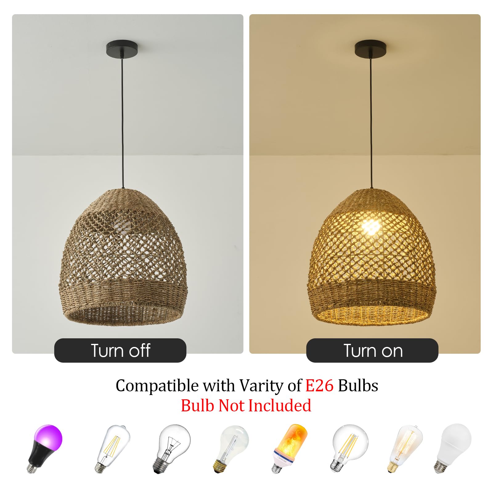 Teru Ji Kaikang Rattan Pendant Light 13.77" Rustic Wicker Chandelier Black Oval Rattan for Dining Living Bedroom Kitchen