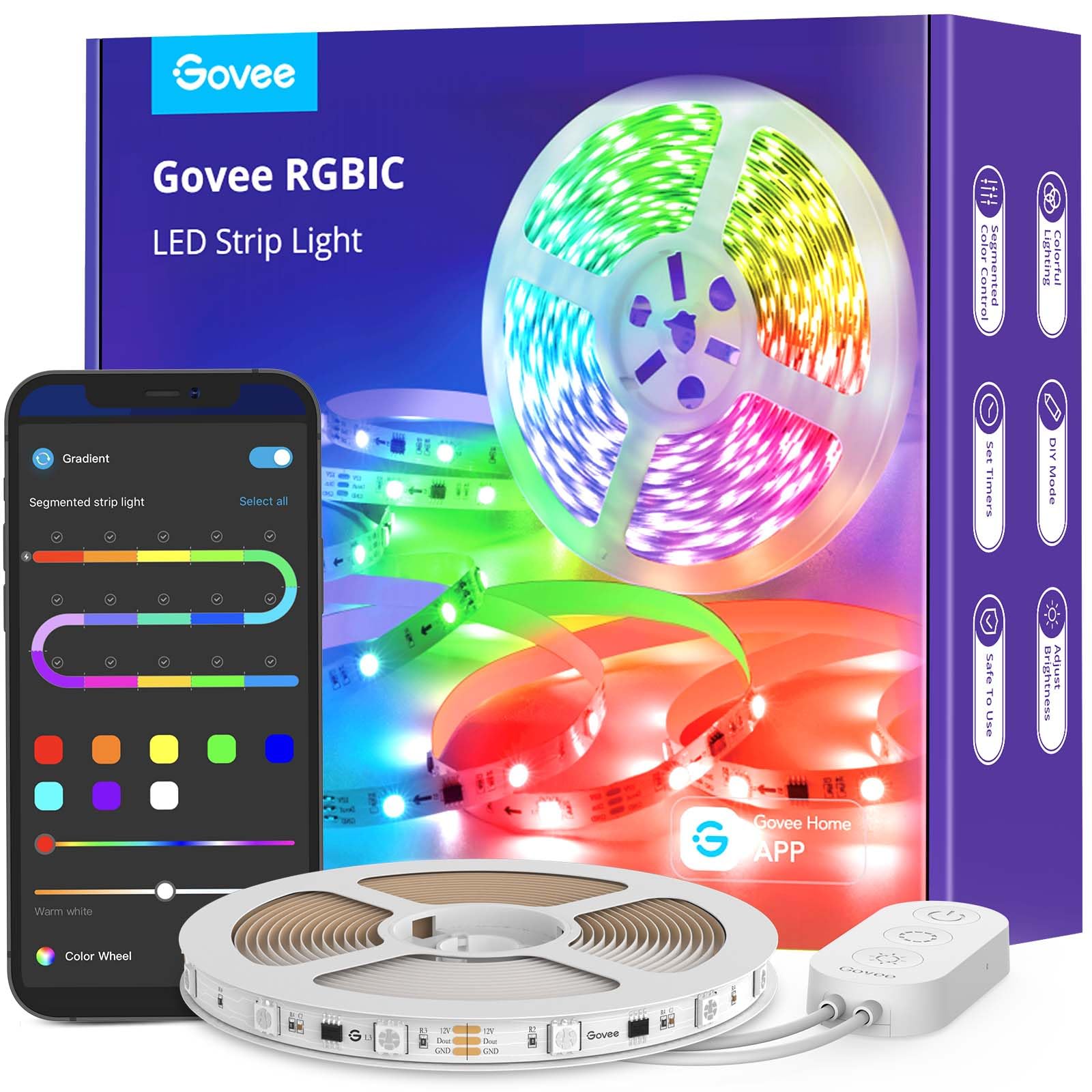 Govee Rgbic Led Strip Lights, 16.4Ft Bluetooth Color Changing, Music Sync, App Control, Plastic, Model H6125